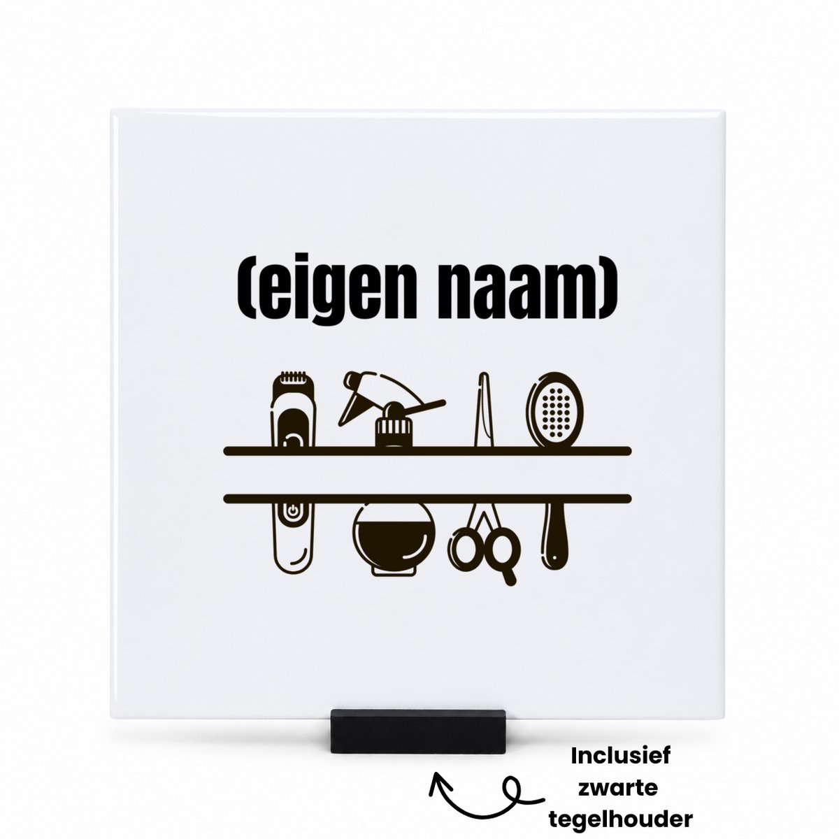 Hacebo kappersmateriaal met eigen naam tegeltje met tegelhouder - Kapper - barbers - tegeltjes met tekst - collega's - verjaardag - afscheidscadeau - geschenk - kado - spreuktegels - 15x15 CM Wit