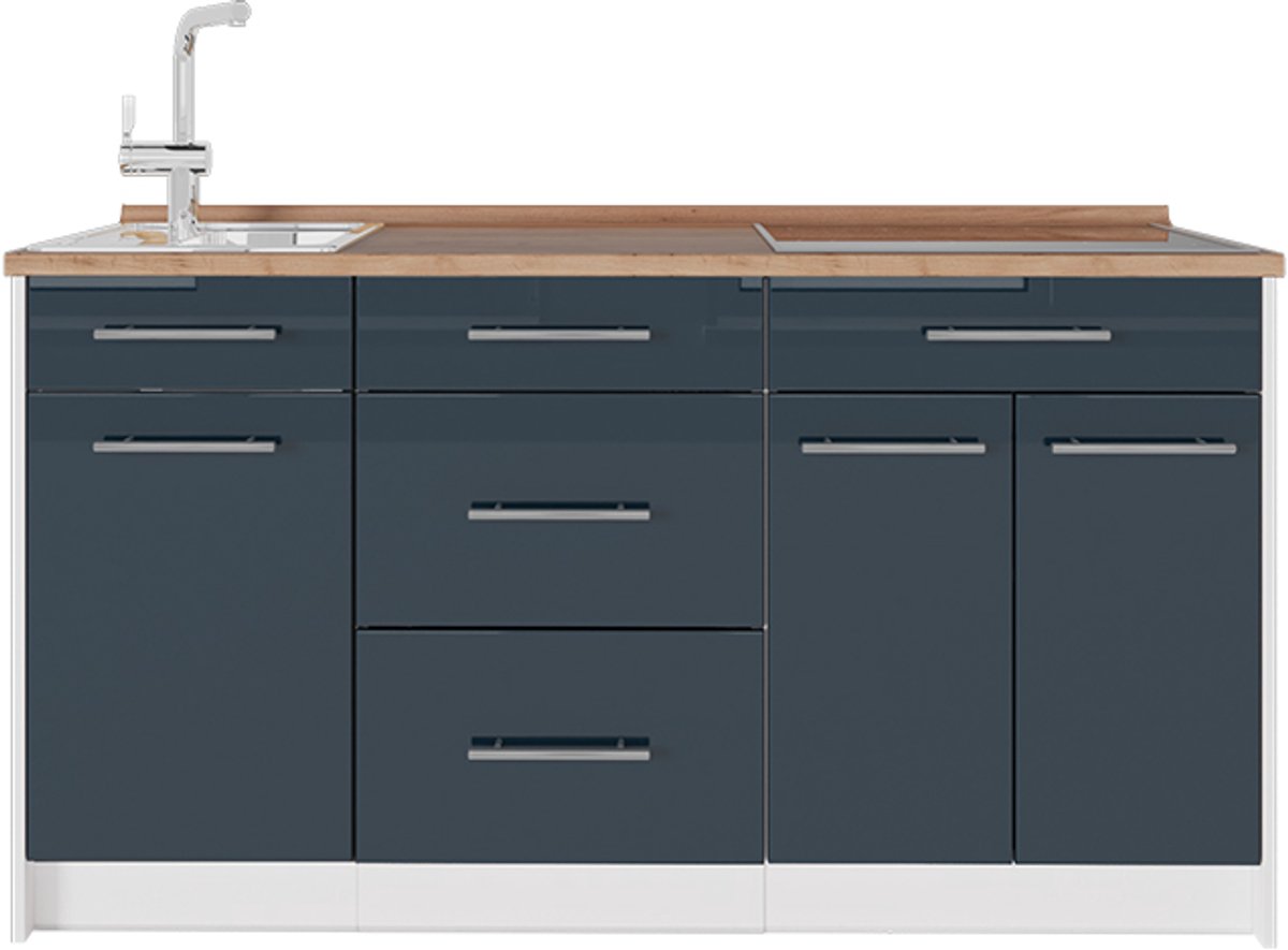 Vicco Keukenblok Fame-Line, Donkerblauw hoogglans/Wit, 150 cm, WB Eik