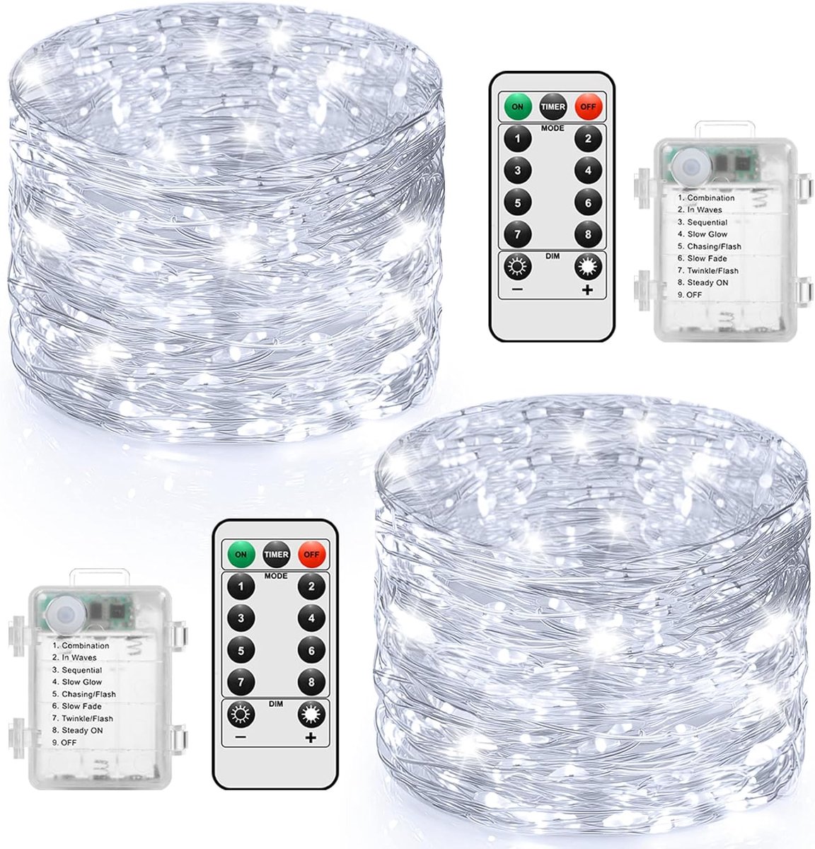 SnelShoppen - Battery Operated Fairy Lights 2 x 10 m 100 LED Draad met Afstandsbediening en Timer - Waterdicht voor Binnen en Buiten - Feest, Kerst, H