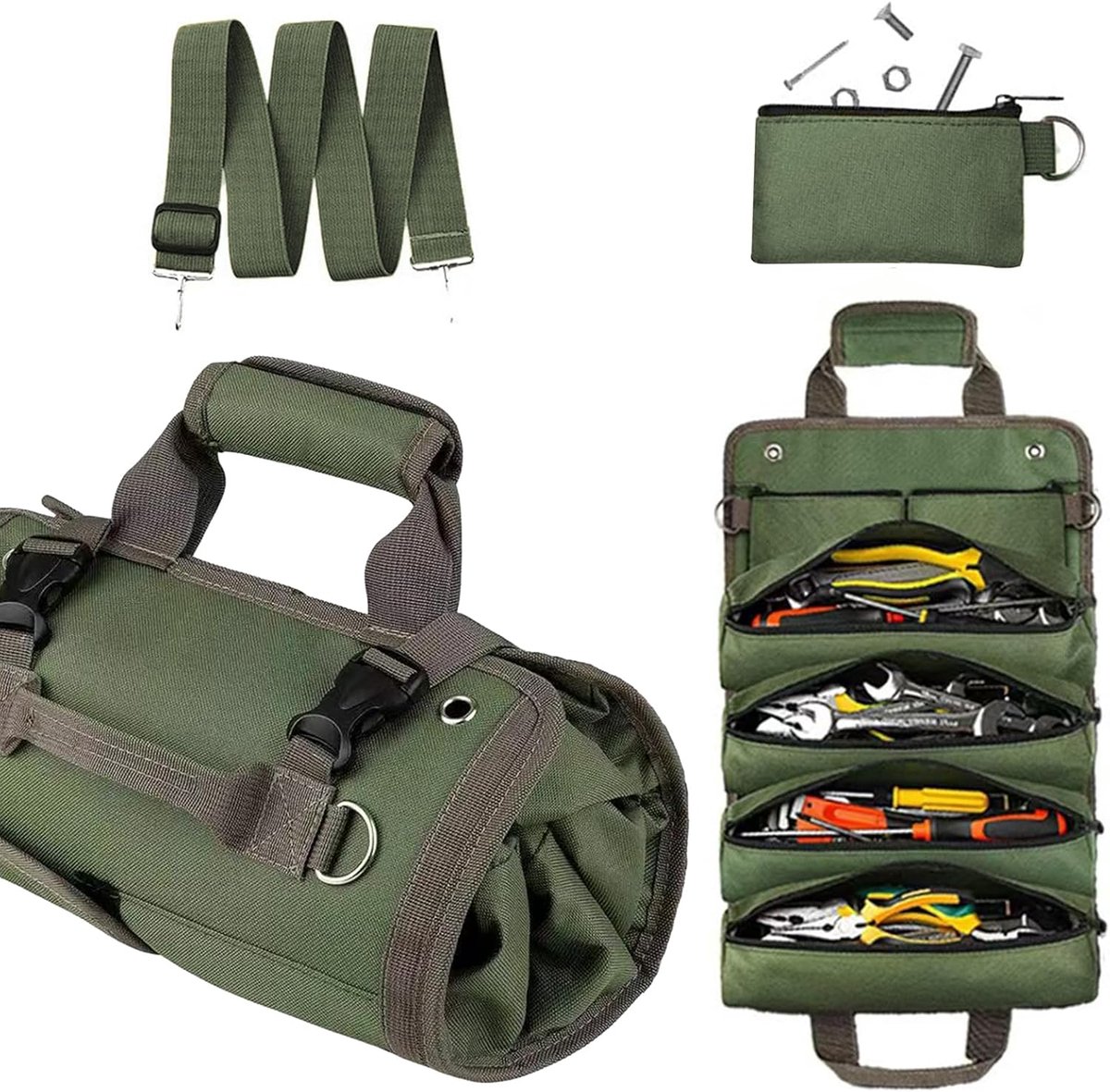 SnelShoppen - Tool Bag voor Mannen, Opvouwbare Gereedschapskoffer, Mechanic Tote Bag, Organiser met 6 Compartimenten, Duurzaam Oxford, Groene Gereedsc