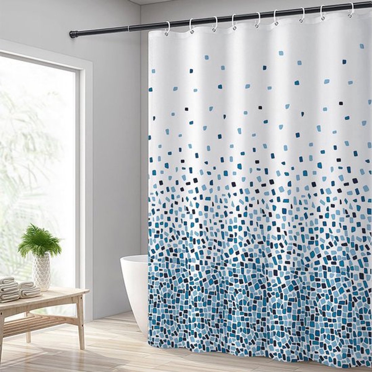 Waterbestendige Blauwe Mozaïek Douchegordijn met Verzwaarde Onderkant en Haken 240 x 200 cm