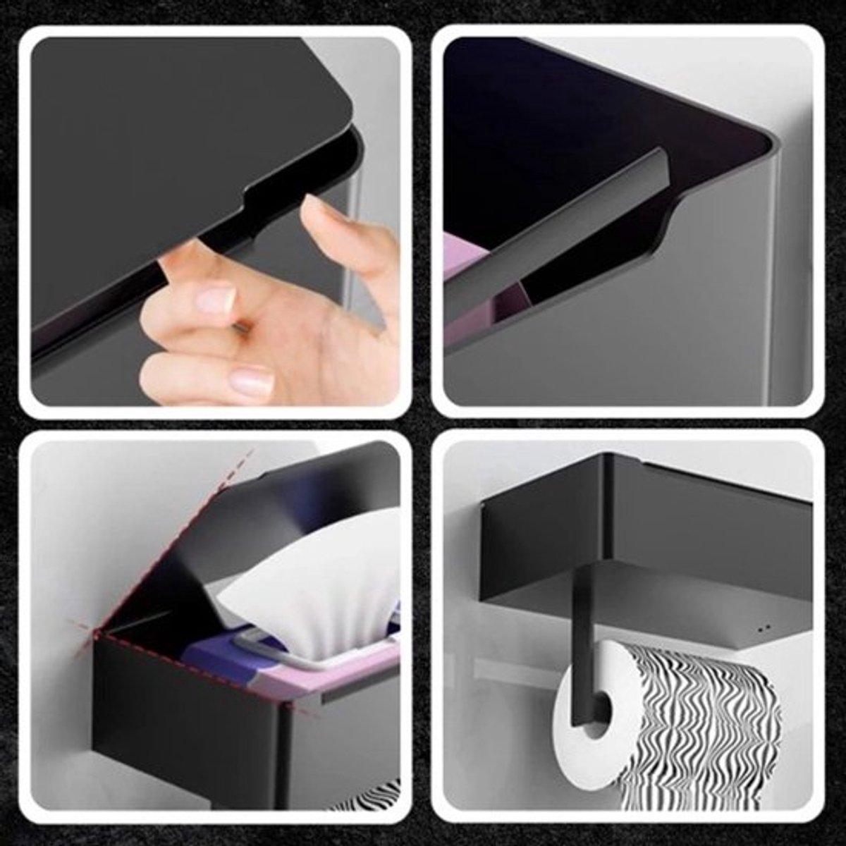 Toiletrolhouder - wc rolhouder - Planchet Opbergruimte - wc rolhouder zwart - toiletrolhouder zwart - RVS - Waterbestendig - 304