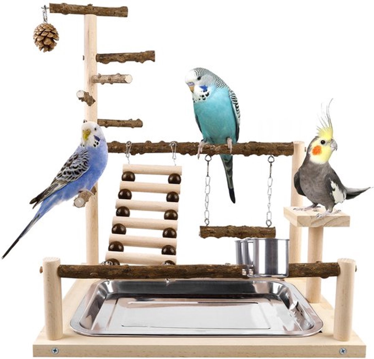 Vogel Speeltuin, Vogel Speeltuin met Voederbekers en Dienblad, Papegaaien Speelstand, Cockatiels, Speeltuin, Zitstok Gym Stand voor Papegaaien, Cockatiels, Ara's, Cockatiels, Cones
