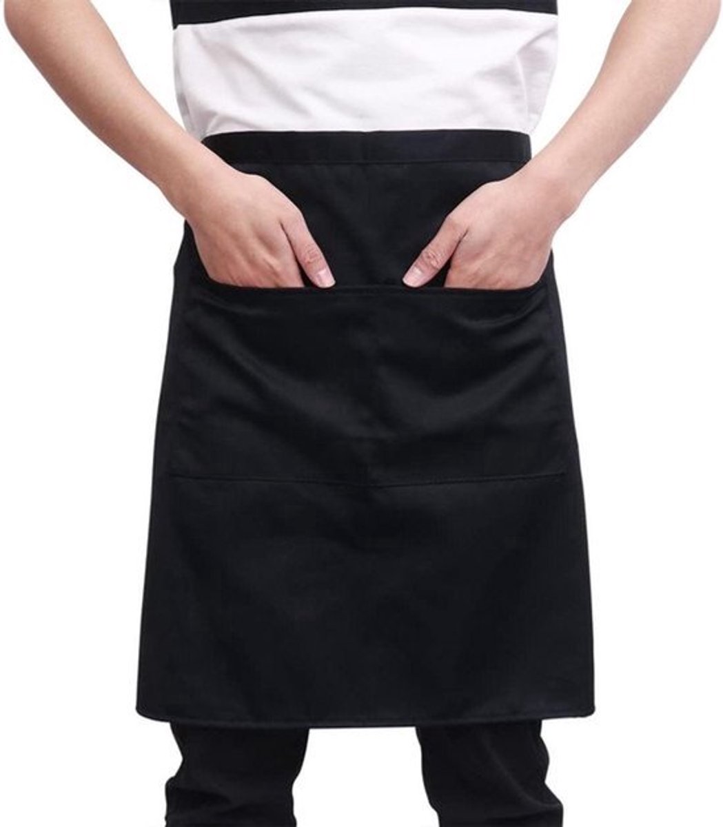 Grillschort taille schort korte schort kelner schort met dubbele zakken (zwart) - Keukenschort