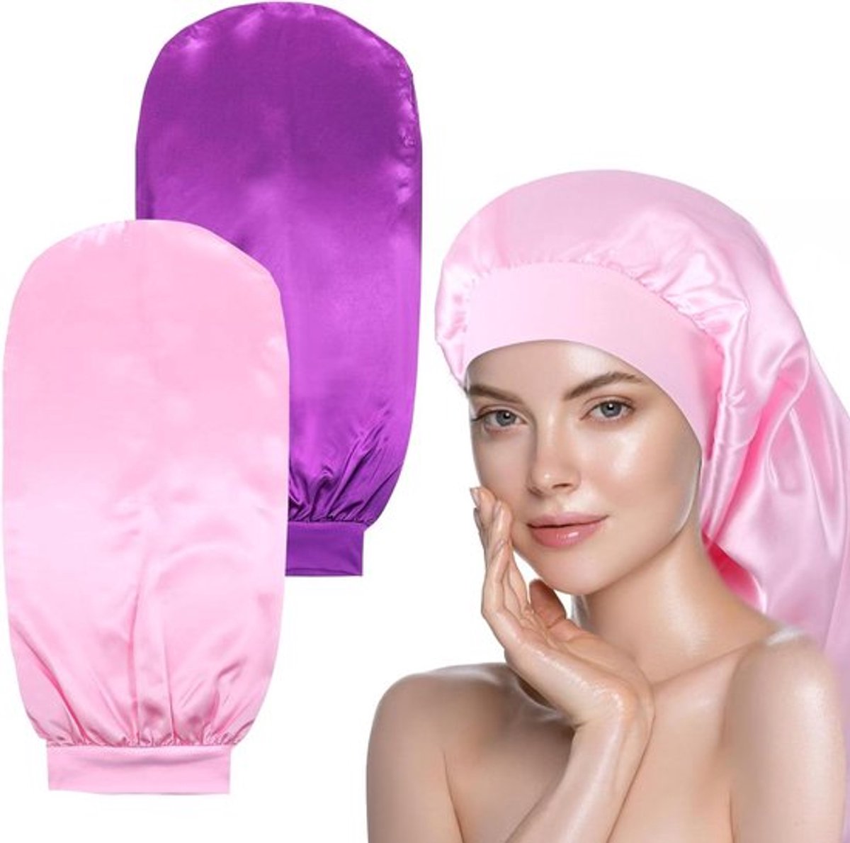 Lange satijnen slaapmuts - 2 stuks - Roze paars - Voor dames met lang krullend haar