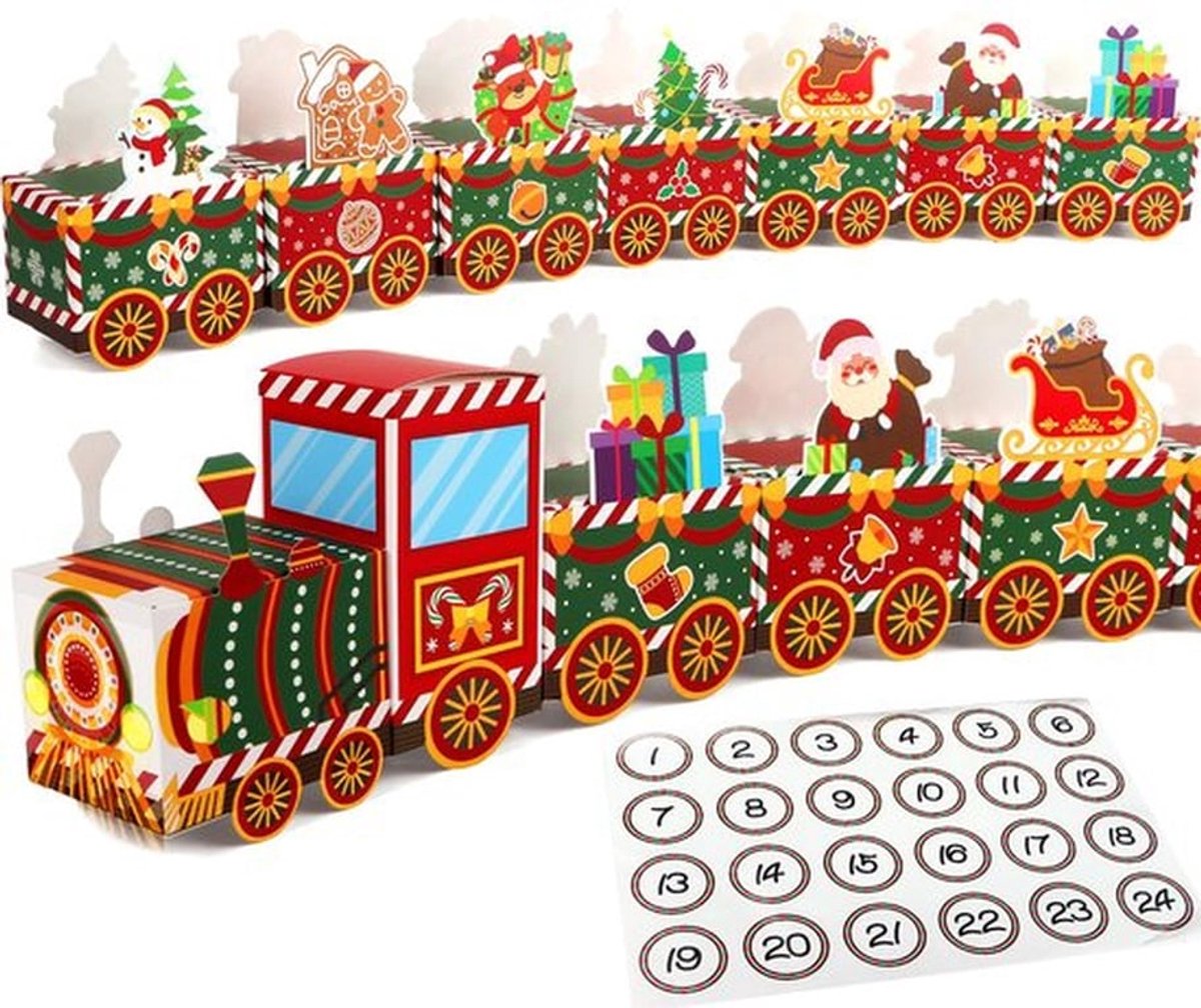 Adventskalender Kerstmis 24 Stuks Dozen Trein Snoepdozen Kerstcadeau om te vullen Stickers Etiketten 1-24 Cijfers Decoraties Feestdecoratie