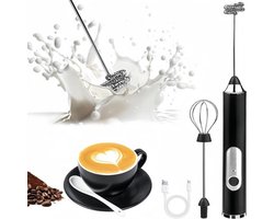 Elektrische melkschuimer met 3 instelbare snelheden en USB-oplaadfunctie. Wordt geleverd met 2 opzetstukken voor het opschuimen van melk, geschikt voor koffie, cappuccino en latte. Zwart.