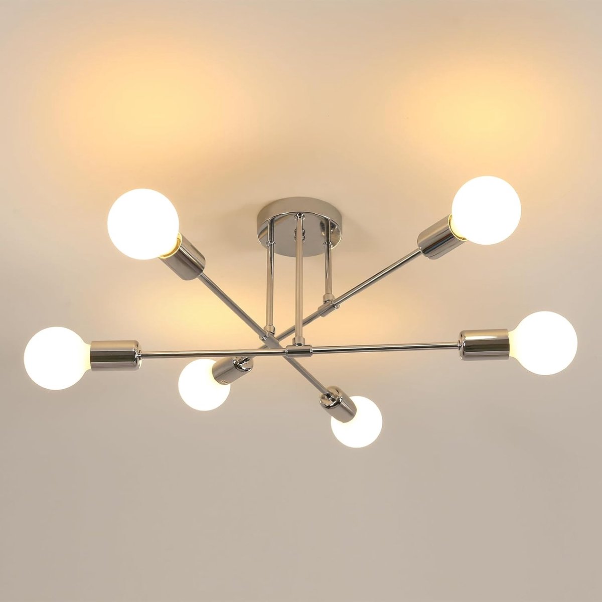 SnelShoppen - Industrieel Vintage Plafondlamp, Galvanized Metalen Chandelier met 6 E27 Fittingen voor Woonkamer, Eetkamer, Keuken en Gang, Chrome, Ø 6