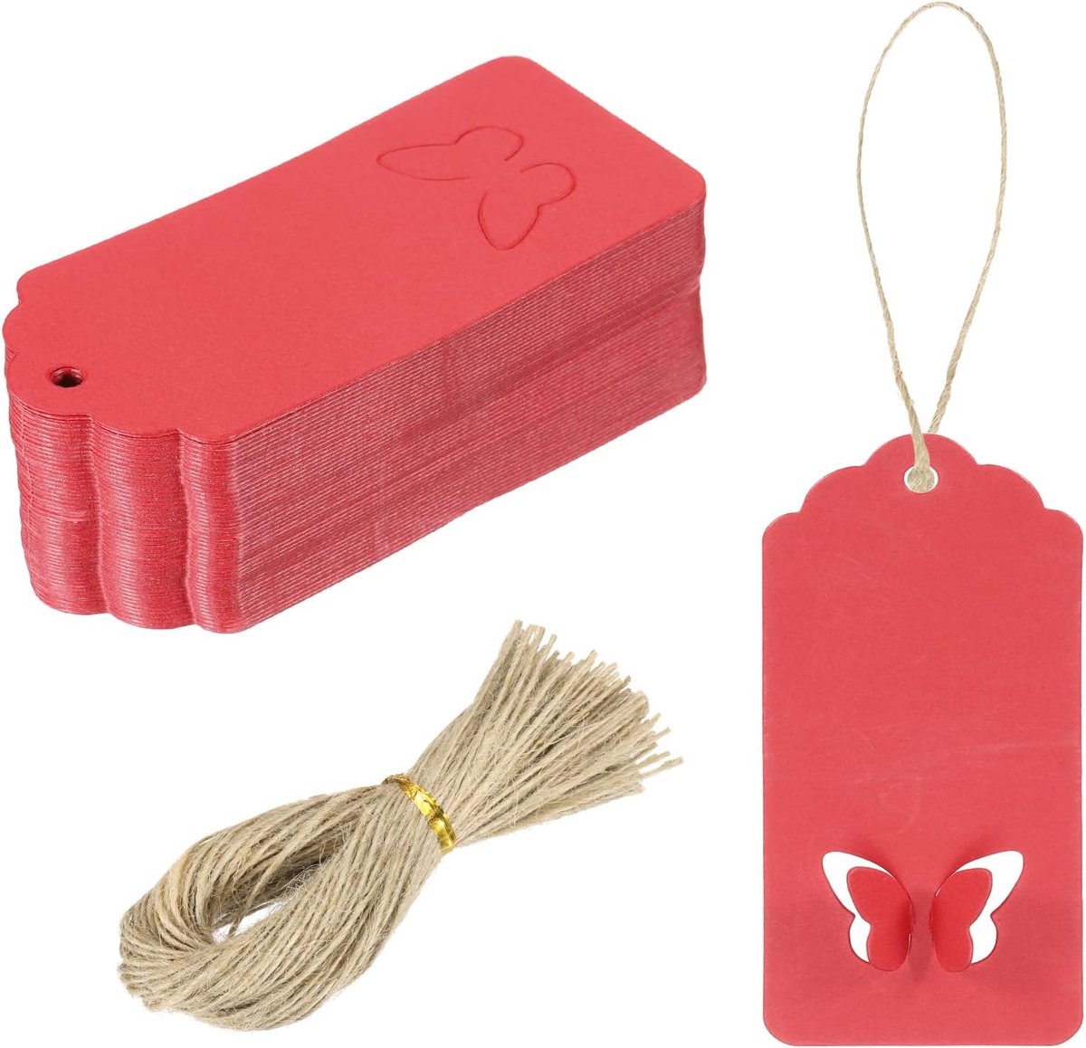 SnelShoppen - 100 Stuks Kraft Papier Cadeau Labels met Touw, 9 x 4 cm, Lege Handgeschreven Labelkaarten, Lichtrode Golfpapier Prijslabels voor DIY, Fe