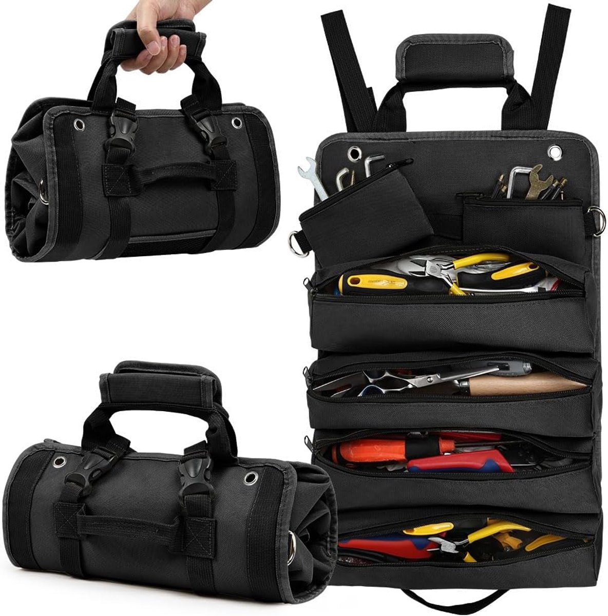 SnelShoppen - Tool Roll Bag met 4 Ritscompartimenten, Organizer voor Gereedschap, Rolbare Gereedschapstas, Geschikt voor Loodgieters, Vakmannen en Ele