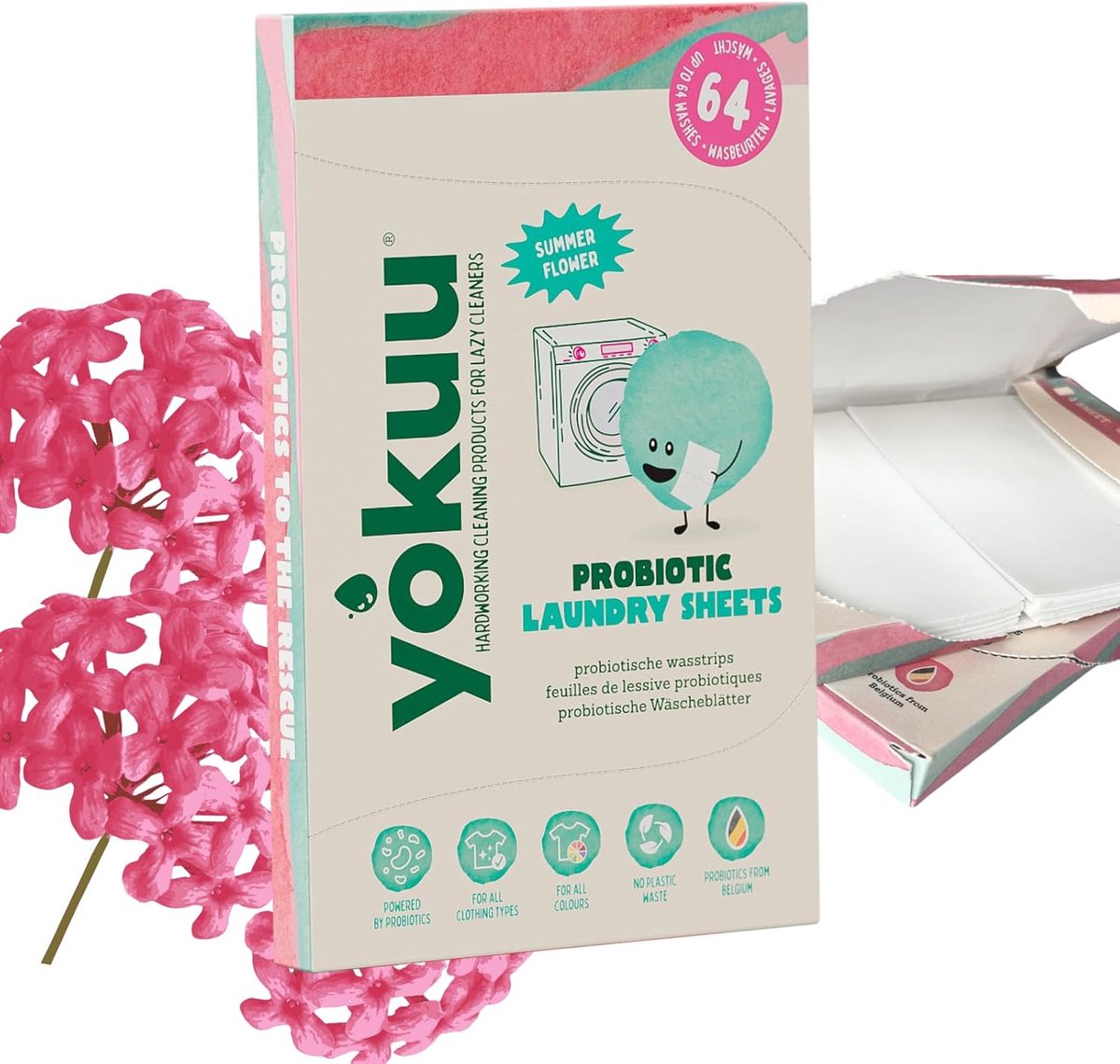 SnelShoppen - Probiotic Wasstrips - 64 Wassen - Zomerbloemen Geur - Plasticvrij & Biologisch Afbreekbaar Reiswasmiddel - Duurzaam Wasmiddel voor Wit,