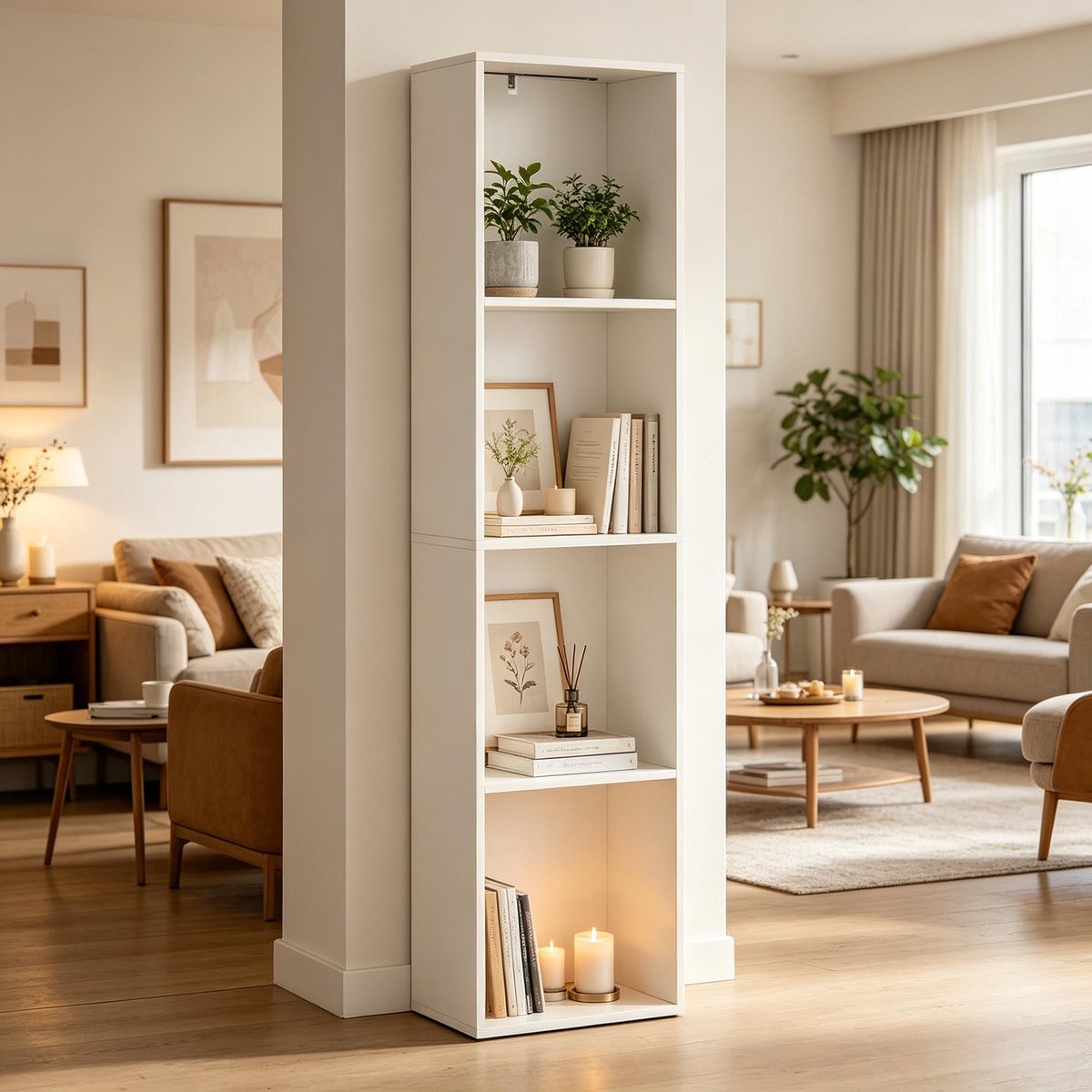 Boekenkast Met Verlichting – 40 x 29 x 170 cm – Spaanplaat – Wit – Open Opbergruimte Met 4 Vakken Voor Woonkamer Slaapkamer