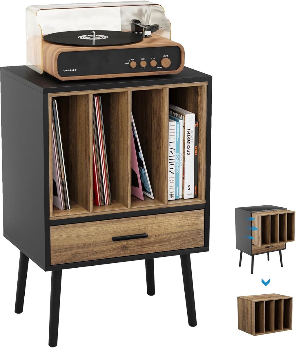 SnelShoppen - Vinyl Record Player Stand met Opbergbak voor 160 Albums, Turntable Tafel met Lade en Massief Houten Poten, Side Table voor Woonkamer en