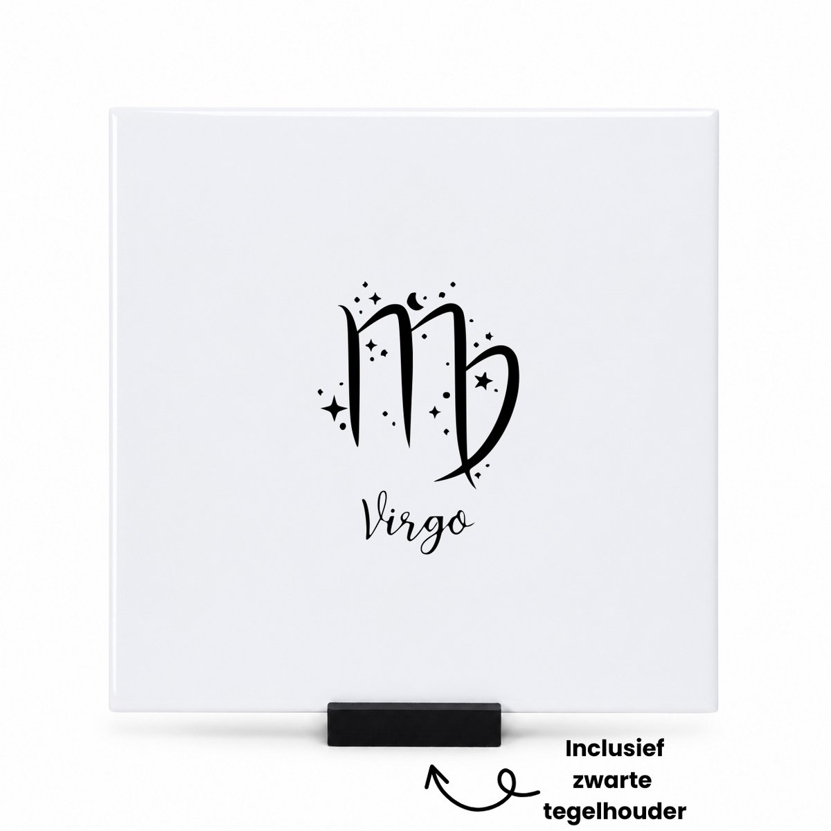 Hacebo Virgo tegeltje met tegelhouder - Sterrenbeeld - Mensen die in eind augustus of begin september jarig zijn - tegeltjes met tekst - Cadeau - spreuktegels - 15x15 CM Wit