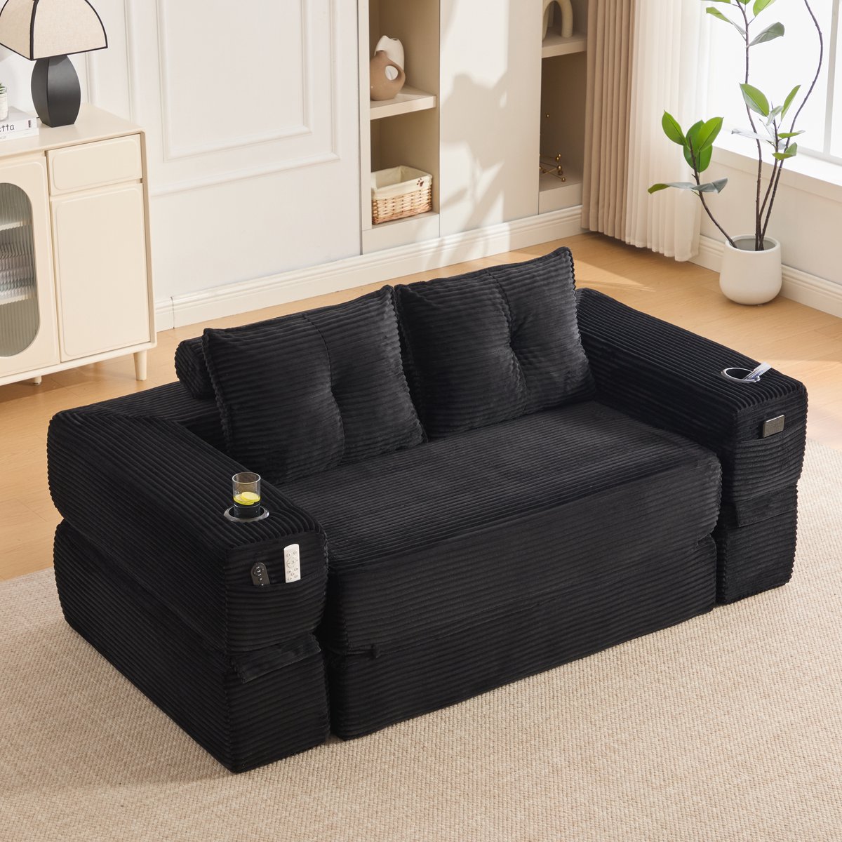 STILVORA Slaapbank 180 x 98 x 80 cm - 2-Zits Uitklapbare Bank Met Bekerhouder En Zijvakken - Voor Woonkamer En Logeerkamer - Corduroy Zwart