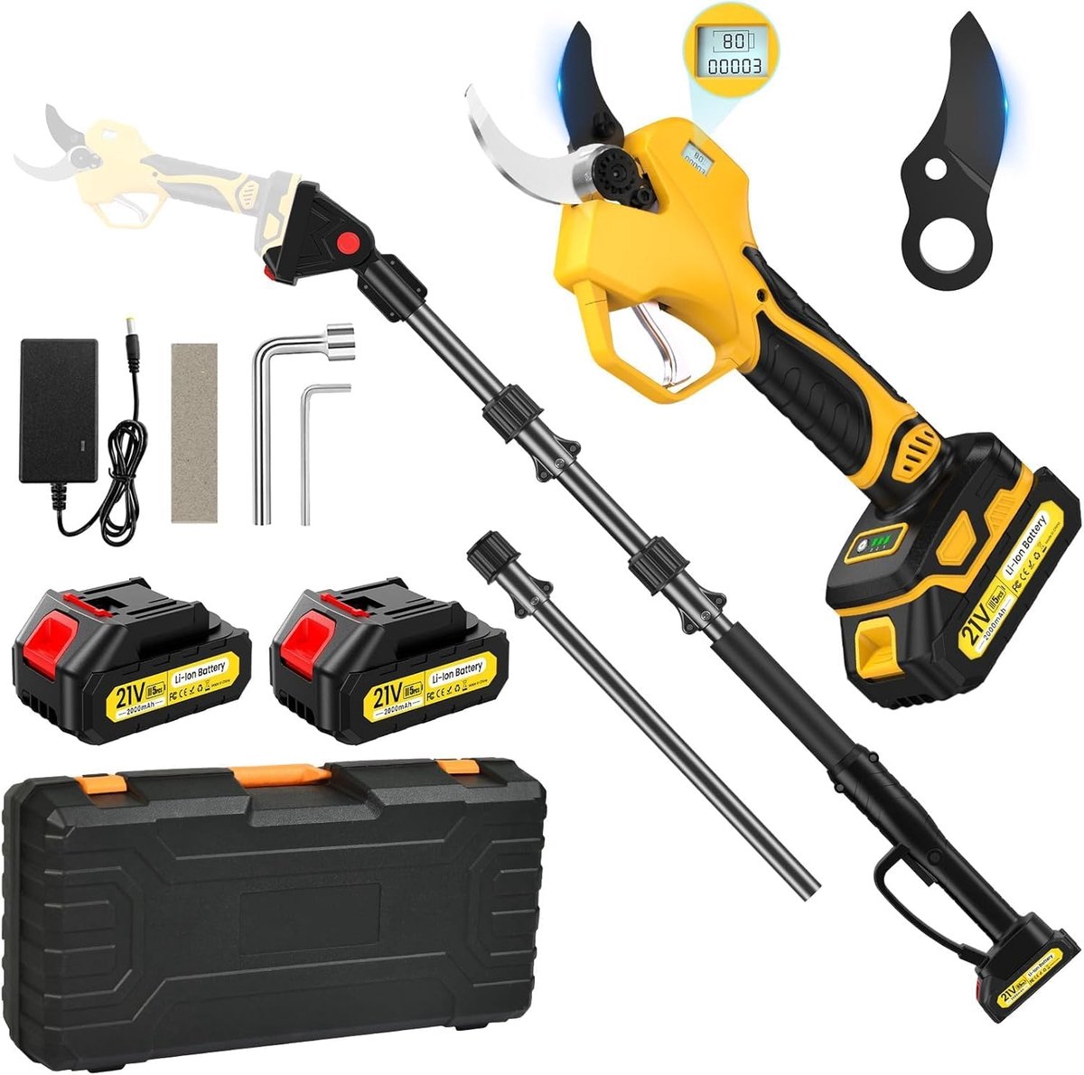 SnelShoppen - Elektrische Tuin Scharen met 50 mm Accu, 1000 W Borstelloze Motor, 2x 2000 mAh Batterijen, Verlengstok en Opslagbox voor Tuinonderhoud
