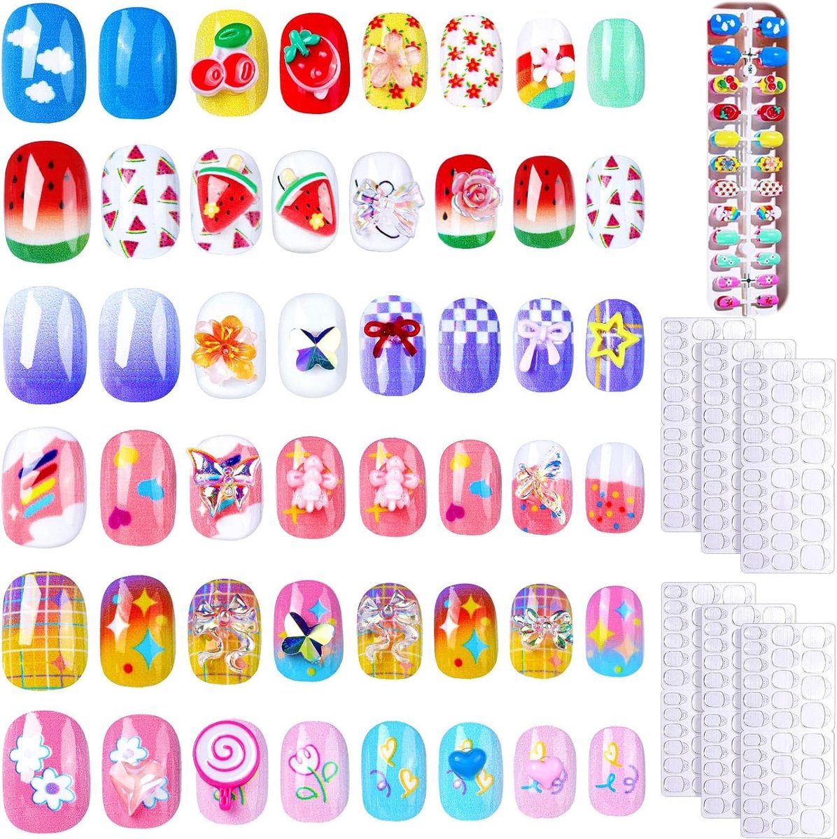SnelShoppen - Pack van 144 Kinder Nepnagels, 6 Stijlen Valse Nagels met 3D Charms zoals Strikjes, Kersen en Watermeloen, Korte Ronde Nepnagels voor Me