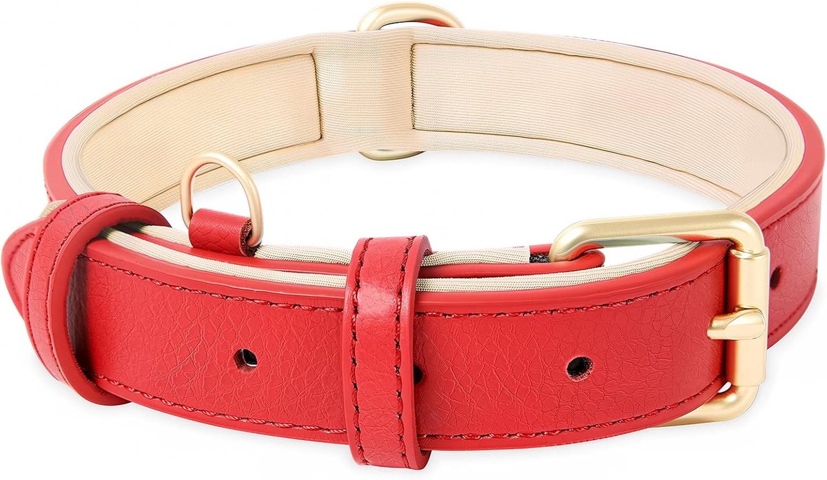 Zacht Lederen Hondenhalsband voor Klein Honden Ademend Gevoerd met D-ring, Verstelbare Klassieke Hondenhalsband, Rood,S