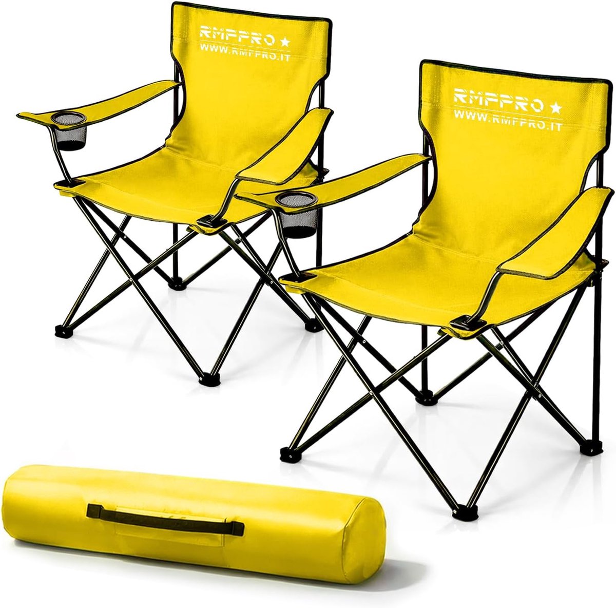 SnelShoppen - Set van 2 Opvouwbare Kampeerstoelen - Comfortabele Strandstoel met Bekerhouder, Lichtgewicht Draagbare Tuinstoel Geel voor Camping en St