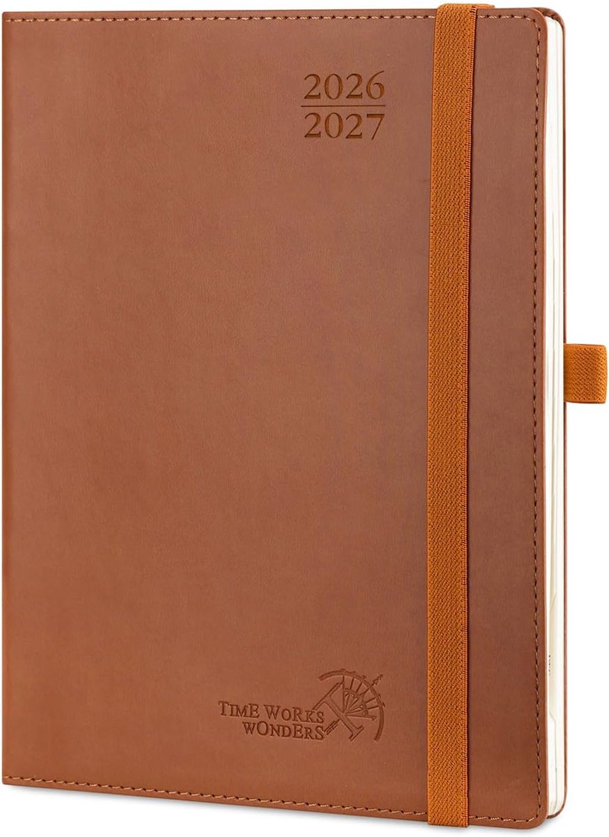 SnelShoppen - Maandplanner 2026 2027, 18 Maanden Schoolagenda, Zachte PU Lederen Kaft, Bruin, 22 x 16,5 cm, 2 Pagina's per Maand, Perfect voor Werk en