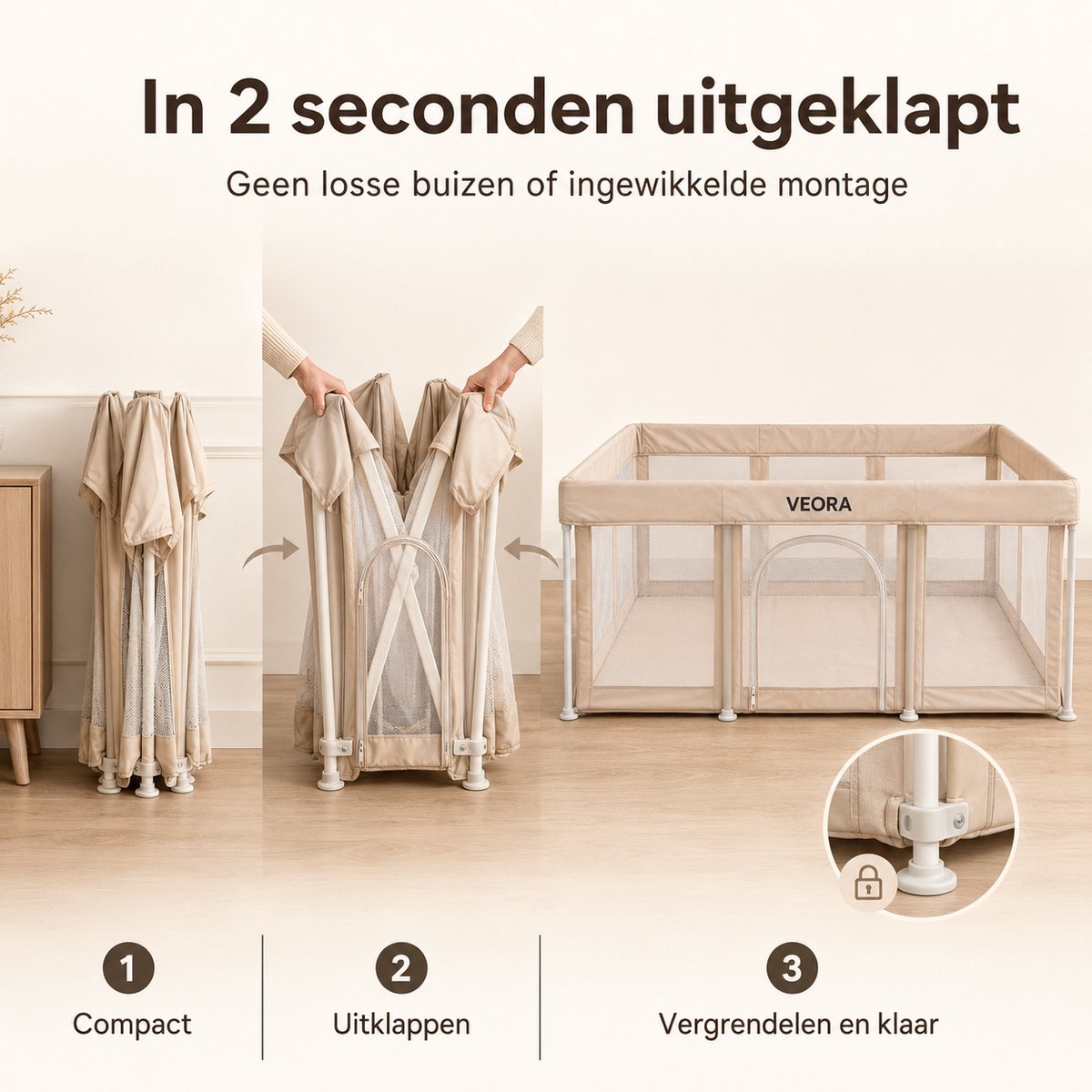 Veora® Inklapbare Grondbox Baby 120 x 180 cm - Inclusief 1 cm Speelmat, 50 Speelballen en Draagtas - Opvouwbare Babybox - Beige – foto 4