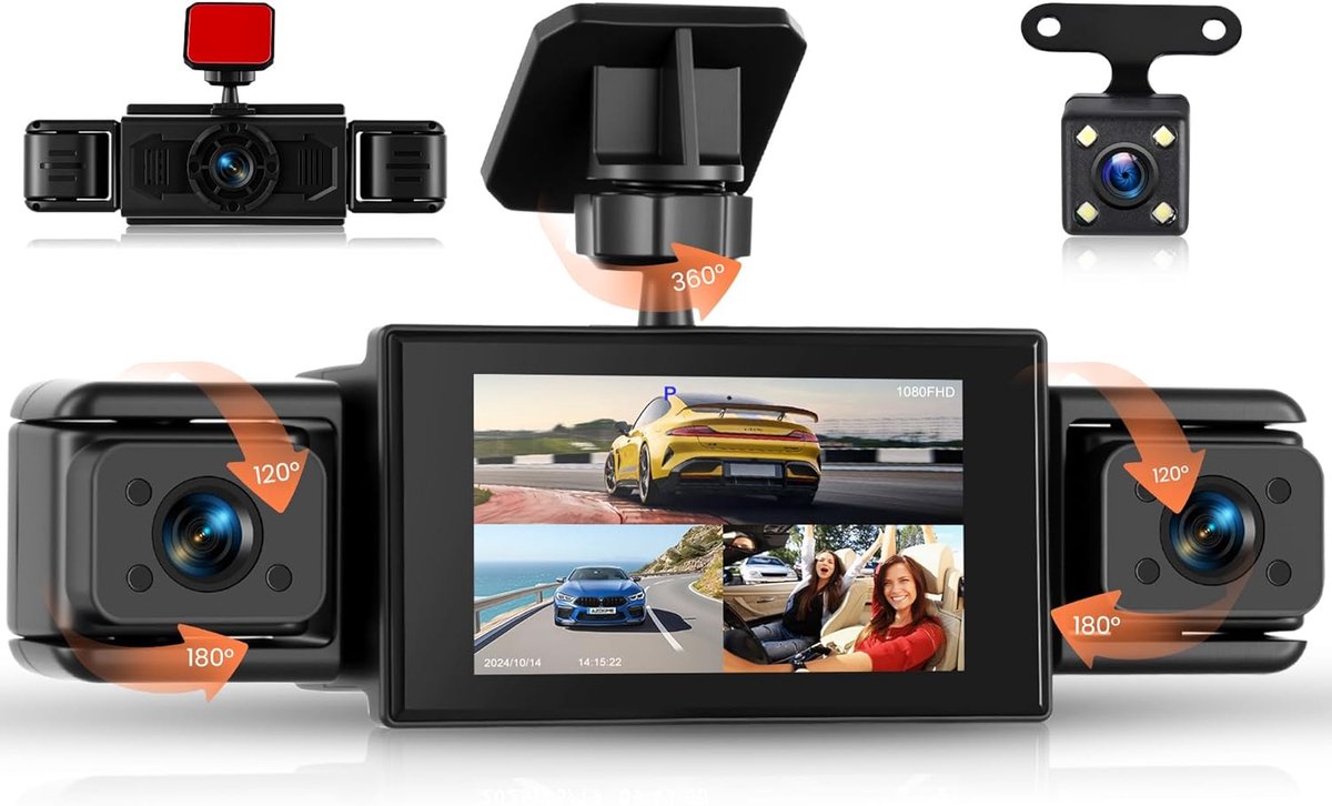 SnelShoppen - 360° Dashcam Auto met 4x 1080p Camera's, 3 Inch IPS Scherm, Nachtzicht, Loopvideo, Parkeermonitor 24U, Parkeerhulp voor Alle Voertuigen