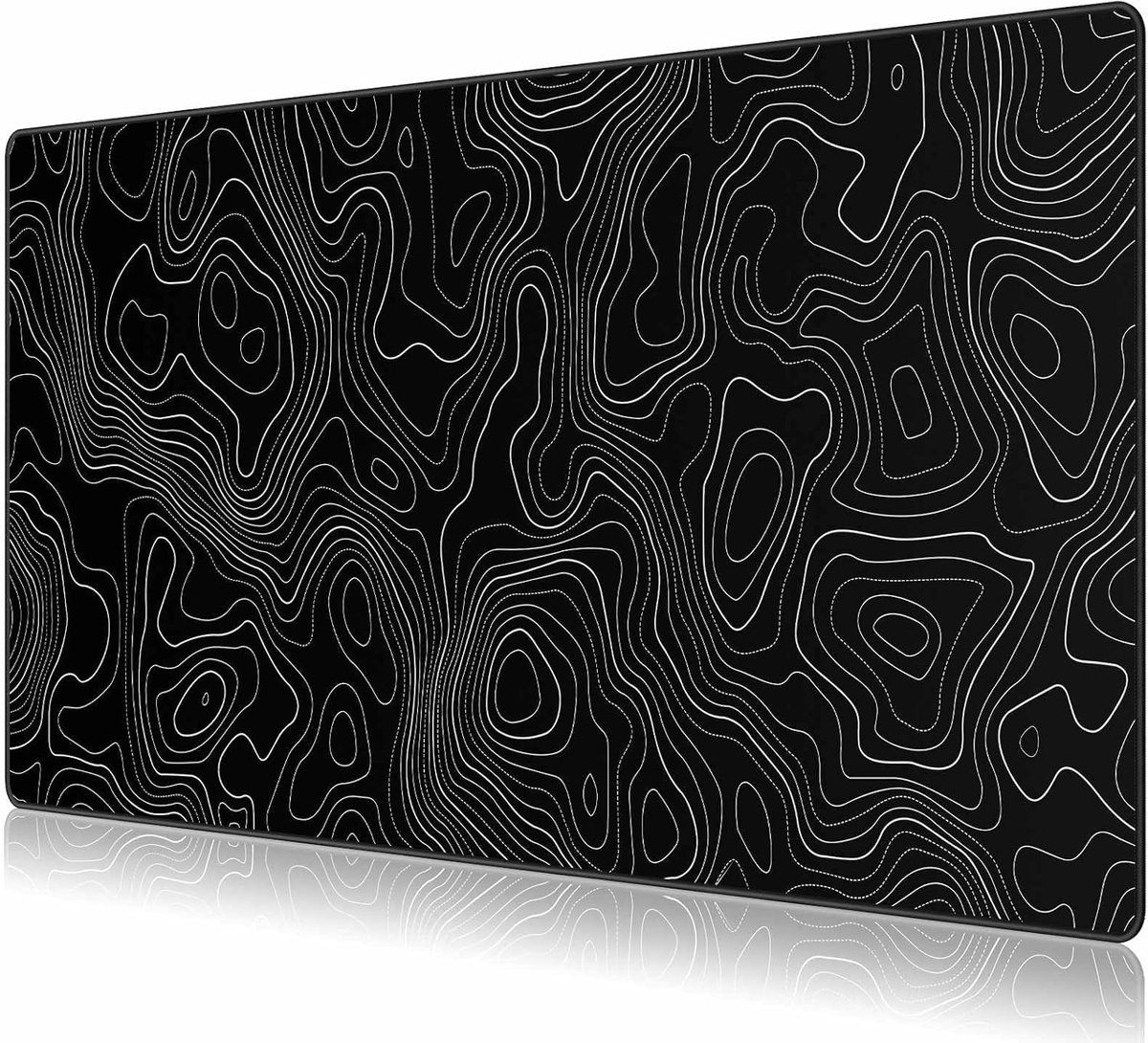 SnelShoppen - XXL Gaming Muismat Zwart Topografisch 90x40 cm | Premium Bureauonderlegger met Antislip, Stiksels, Wasbaar, Voor Gamers en Kantoor