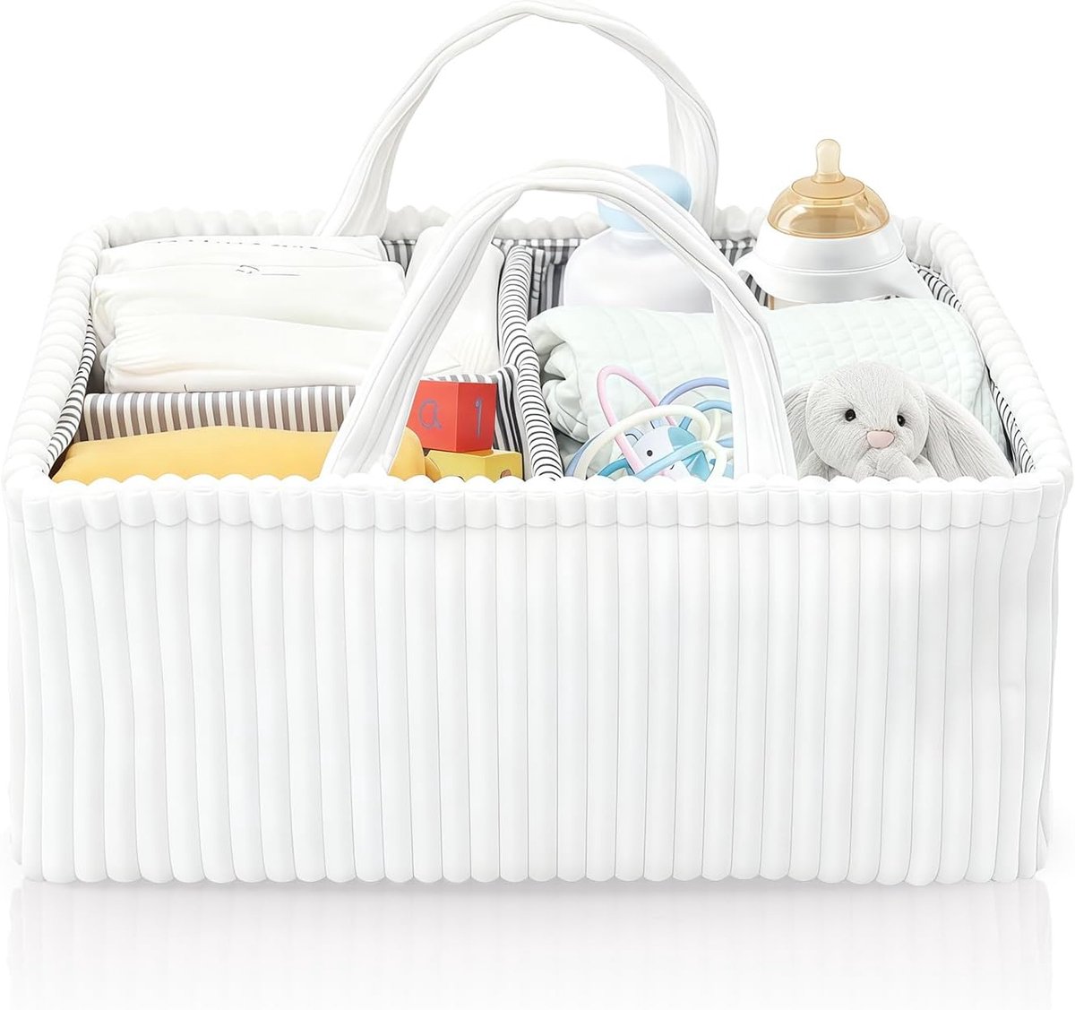 SnelShoppen - Wickeltisch Organizer, Luiertas Caddy Mandje met Vakken & Handgrepen, Cord Luiermand voor Baby, 38x28x18 cm, Wit, Perfect voor Babyparty