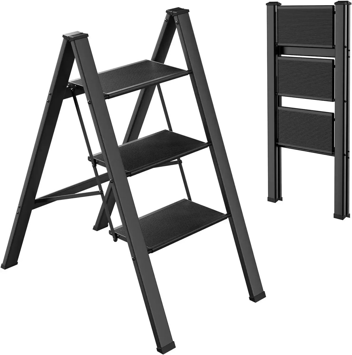 NAVOBIZ 3 step ladder - Huishoudtrap - Vouwladder - Antislipprofiel - Lichtgewicht - Brede treden - 150kg draagvermogen - Zwart