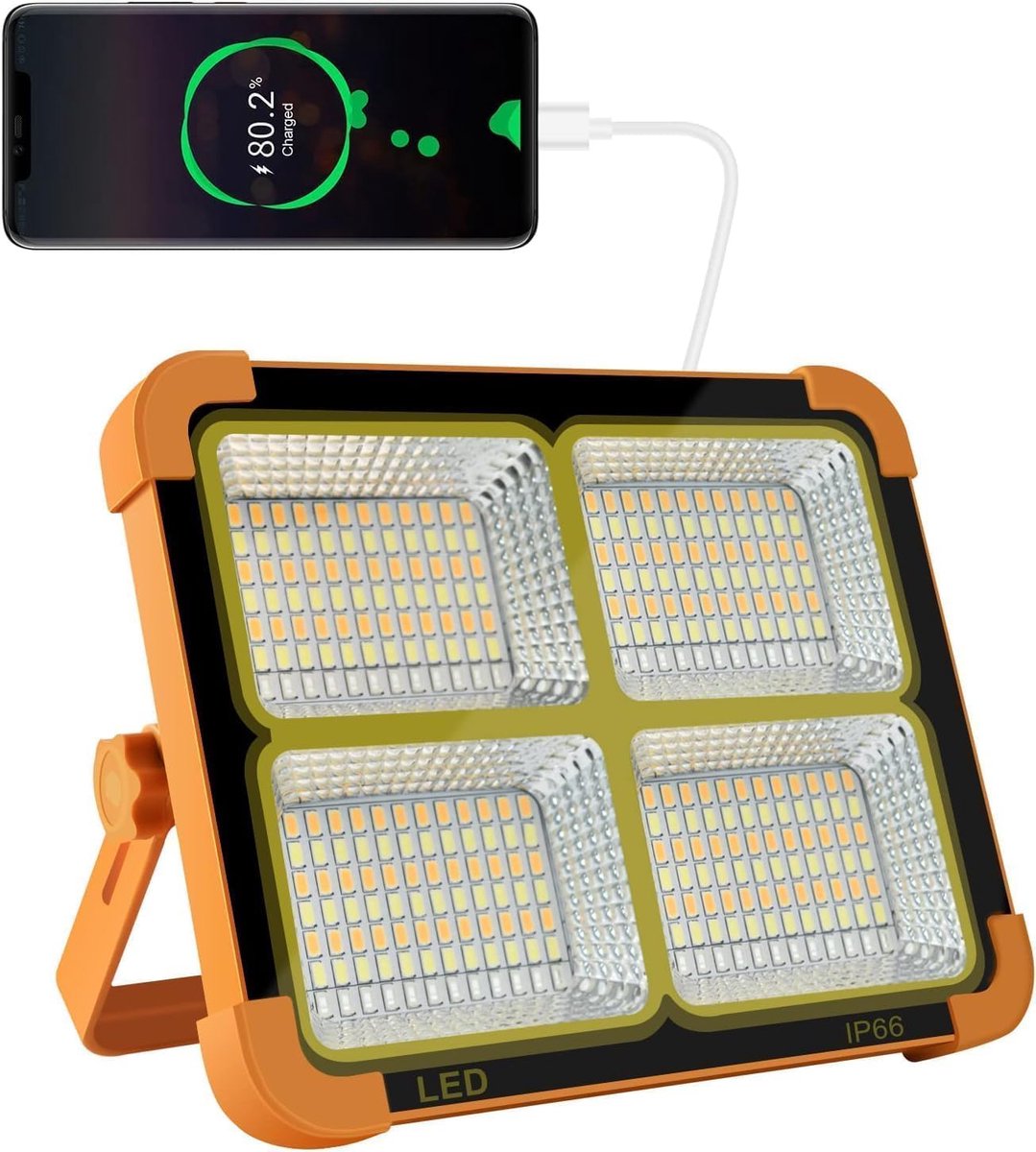 SnelShoppen - Oplaadbare LED-spot 100W, 10.000 lm, draagbaar werklicht met zonnepaneel, 16500 mAh, USB voor camping, bouwplaats, garage, werkplaats en