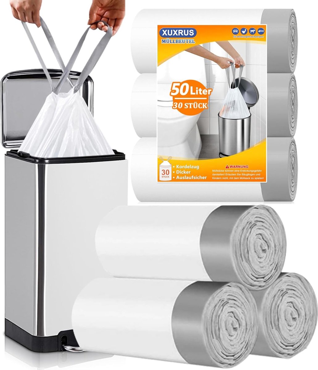 SnelShoppen - Afvalzakken 50 liter met trekkoord - Grote keukenvuilniszakken - 30 stuks - Handvat - Wit - Perfect voor huishoudelijk gebruik, tuin en