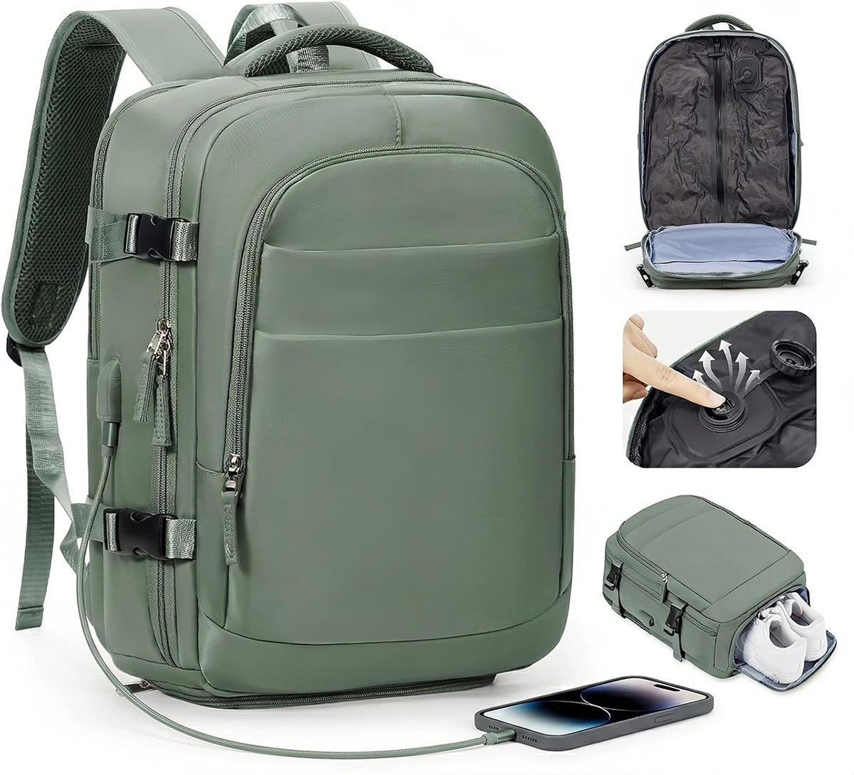 SnelShoppen - Grote Reiserugzak Vacuüm Rugzak Handbagage Vliegtuig 40x30x20 Ryanair Rugzak 40x20x25 Heren Dames Met Laptopvak Schoenenvak Travel Backp