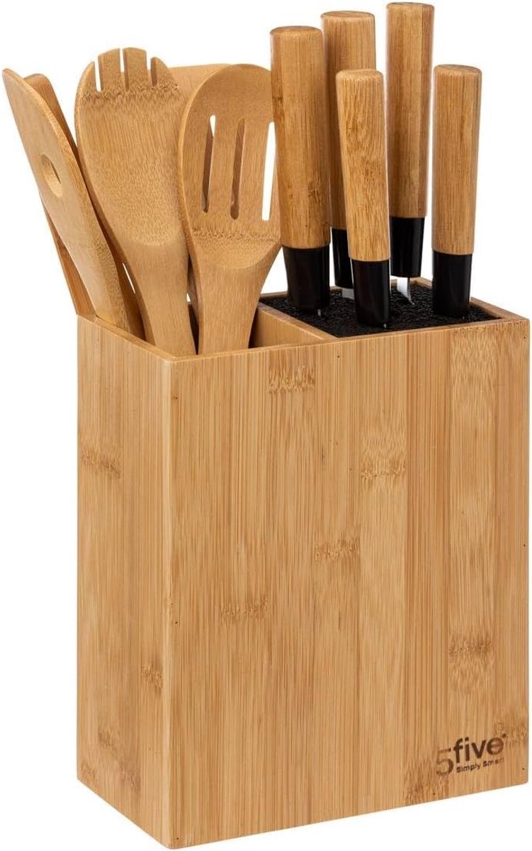 SnelShoppen - Blok met 5 Keuken Messen & 5 Accessoires - Bamboe Handvat - Professionele Koks Messen Set - Keuken Gereedschap voor Koken, Snijden en Be