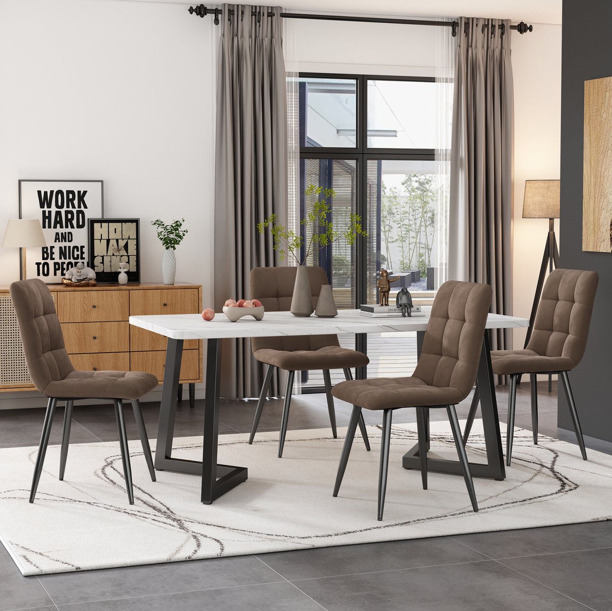 DESMIU Eettafelset 117 x 68 cm - Rechthoekige Tafel Met 4 Stoelen - Voor Eetkamer En Keuken - Hout En Metaal - Bruin