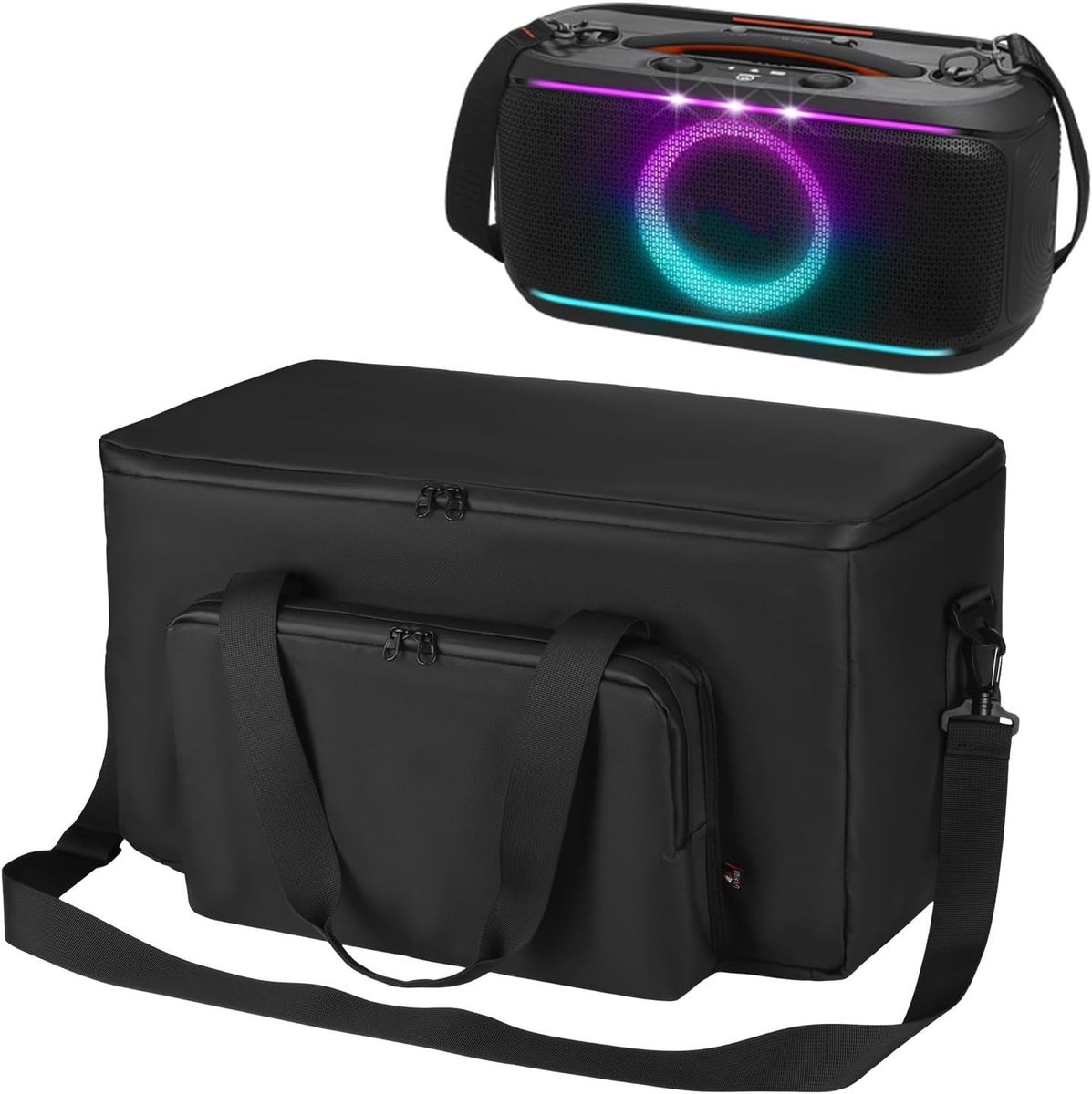 Draagtas voor Bluetooth luidspreker met schouderband en opbergvak voor microfoon en accessoires, ideaal voor reizen en bescherming