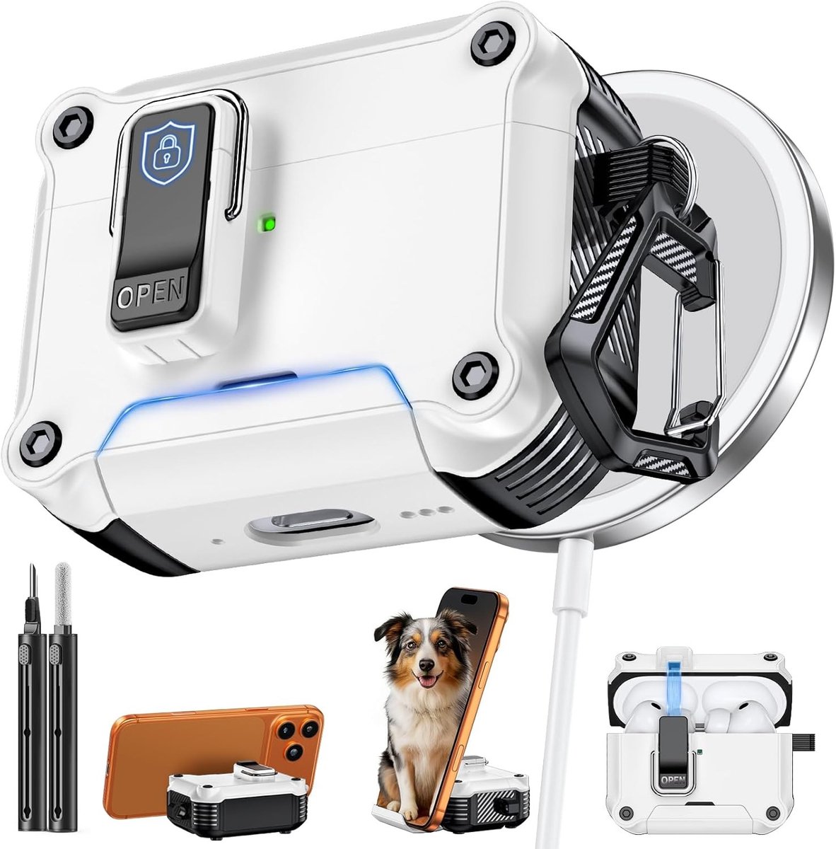 Beschermende Dual Lock Behuizing voor AirPods Pro 3 met Telefoonstandfunctie en Schoonmaakset - Wit