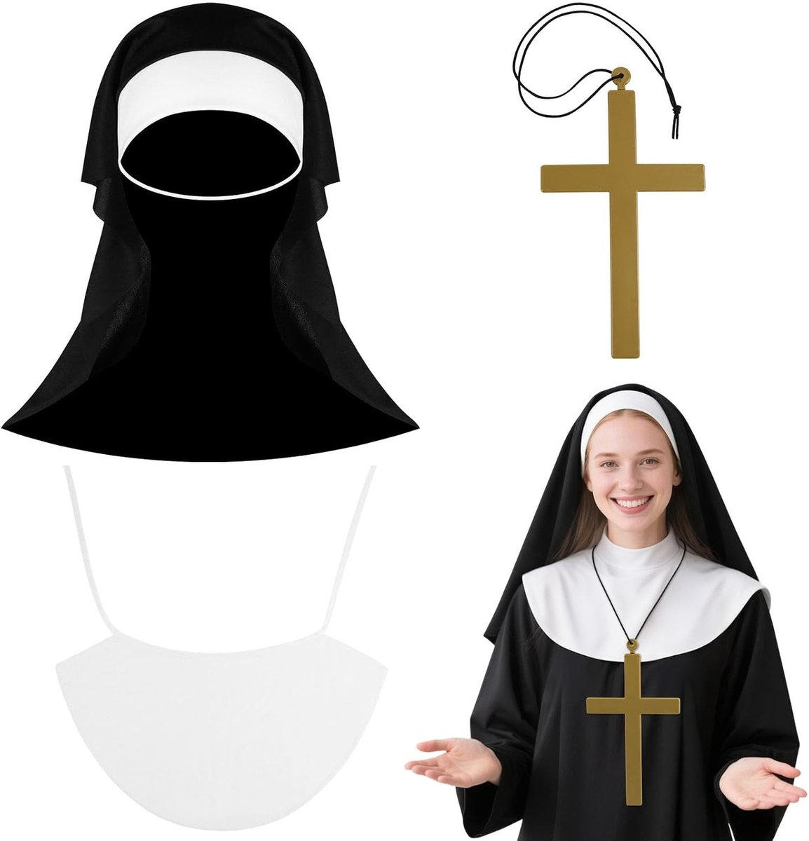 Dames Nonnen Kostuum met Accessoires, 4-delig Set met Hoed, Ceintuur en Kruis voor Halloween en Carnaval