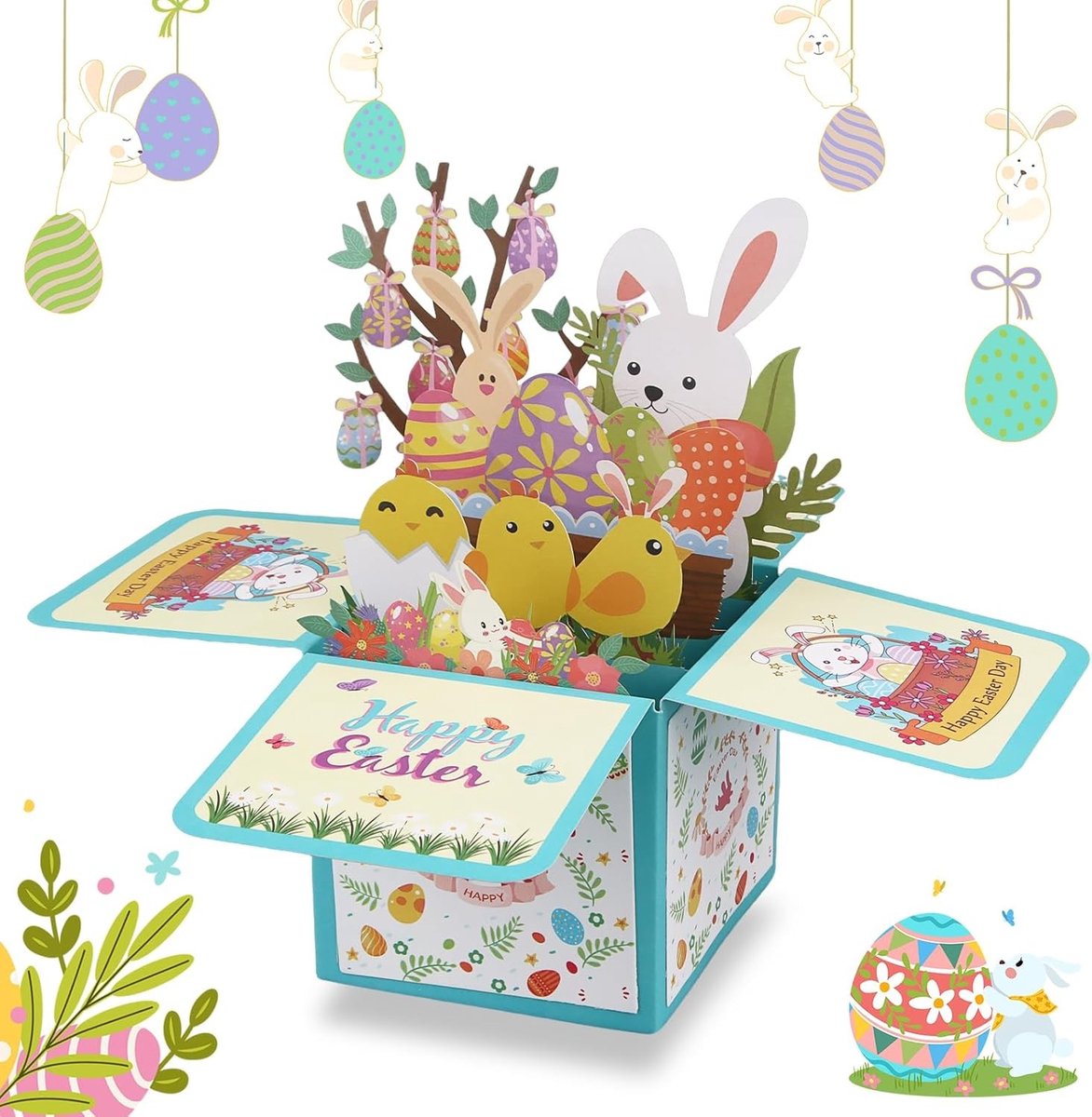 Vrolijke 3D pop-up paaskaart met hazen, paaseieren en bloemenpatroon voor kinderen, perfect als geldcadeau of cadeaubon met bijpassende envelop