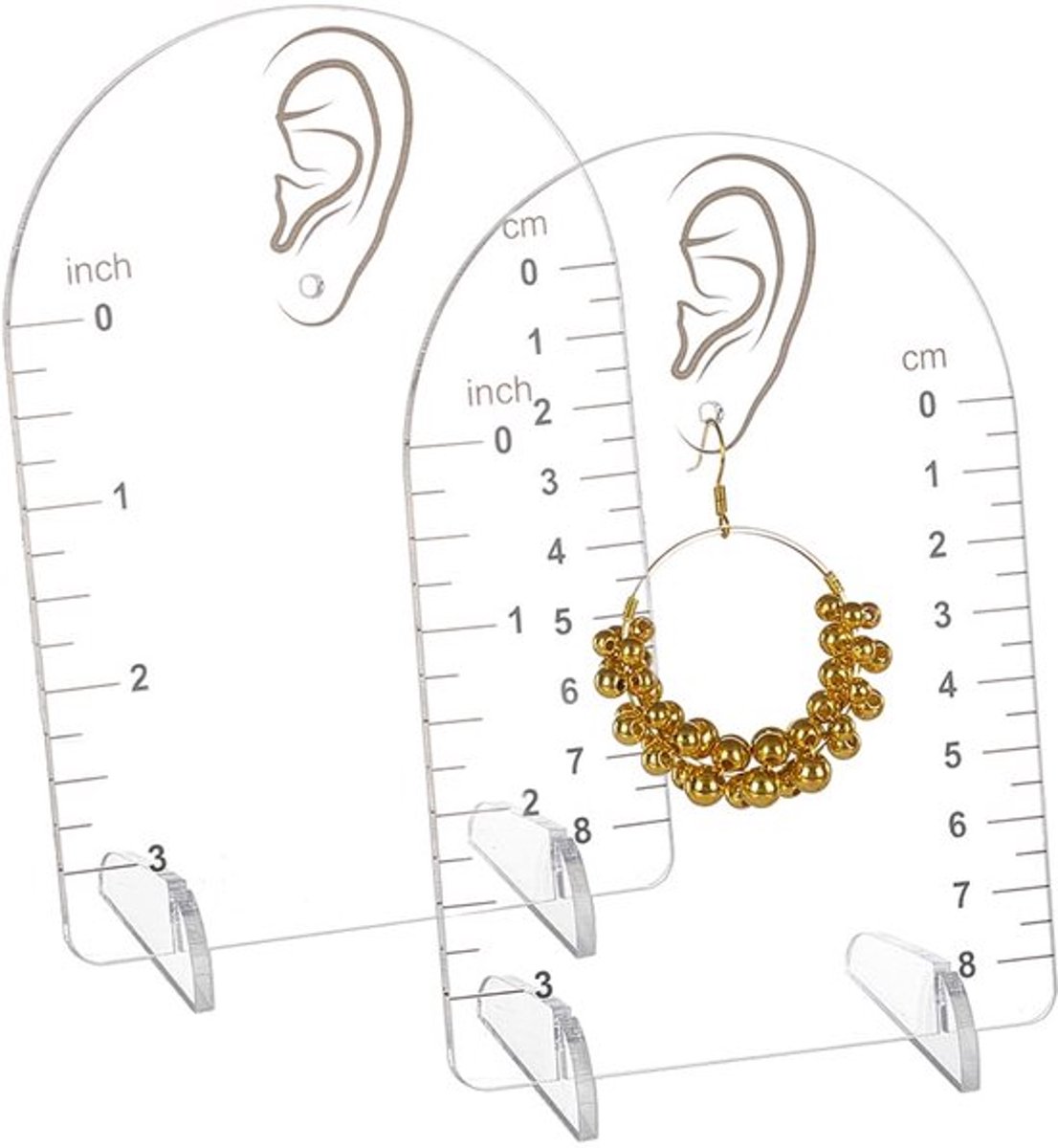 2 stuks oorringen meetaanduiding van acryl staand doorzichtig boogvormig oorbel displayhouder van acryl met schuine achterkant en cm maateenheden voor het presenteren en meten van