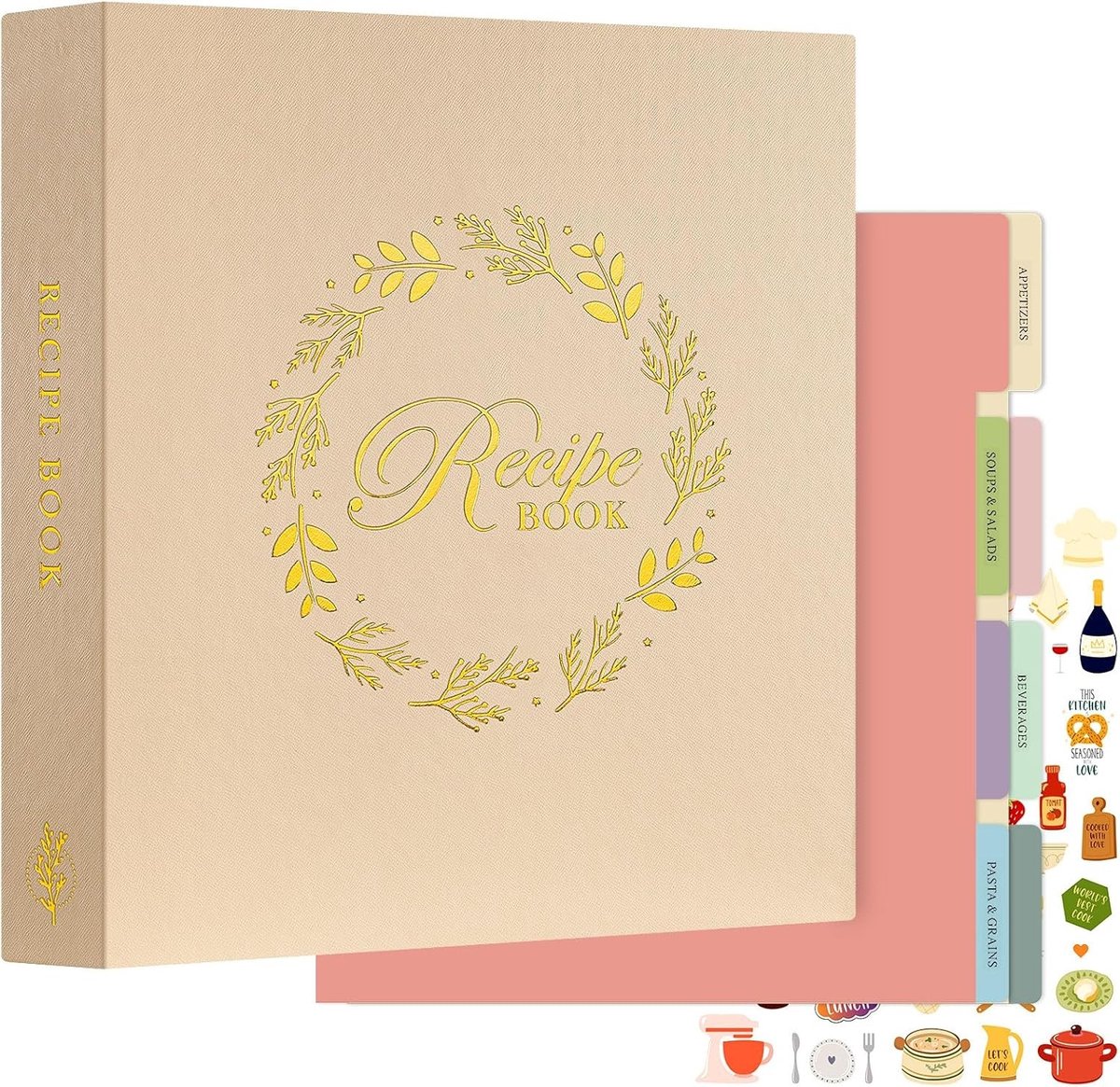Grote receptenbinder met 3 ringen, 8 dividers en 2 stickers voor het organiseren van recepten in de keuken, 30 x 31 cm