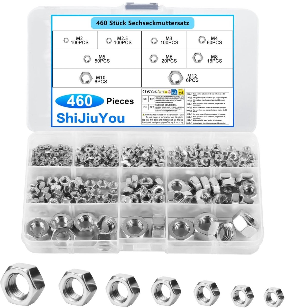 460 Stuks Zelfsluitende Moeren Set voor Schroeven en Draadstangen - M2 tot M12, Inclusief Ringen en Lock Nuts