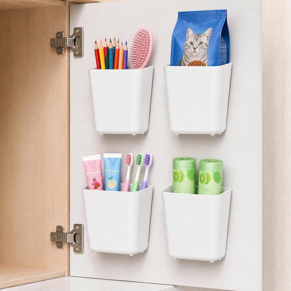 Keukenkast en koelkast organizer set van 4, zelfklevende wandopbergdozen voor kleine voorwerpen, beige, 14 x 7,5 x 13,5 cm, ruimtebesparend en multifunctioneel