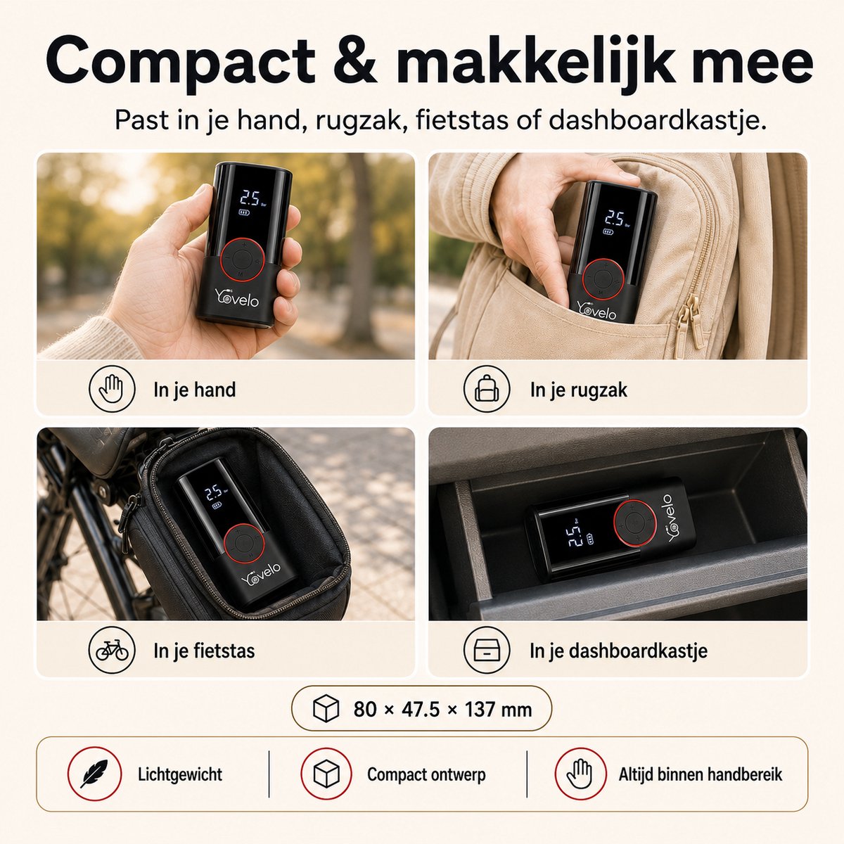Yovelo® Elektrische Fietspomp & Bandenpomp Auto – Draagbare Mini Compressor 150 PSI – Draadloos Oplaadbaar USB-C – Digitale Drukmeter met Auto Stop – incl. 5 Opzetstukken & Opbergtas thumbnail 4