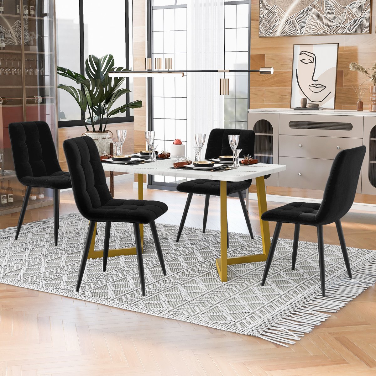 DESMIU Set Tafel En Stoelen 117 Cm - Rechthoekige Eettafel Met 4 Stoelen - Ruimtebesparend Voor Keuken En Eetkamer - Zwart Goud