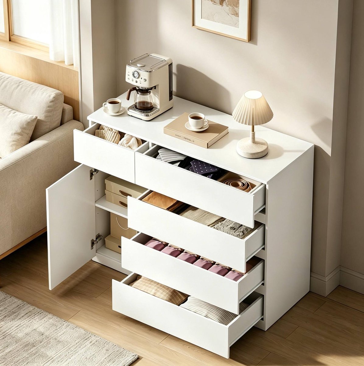 OKWISH Dressoir - Opbergkast Met 5 Lades En 1 Deur - 100 x 40 x 80 cm - Verstelbare Plank - Voor Keuken Hal Of Slaapkamer - Spaanplaat Wit