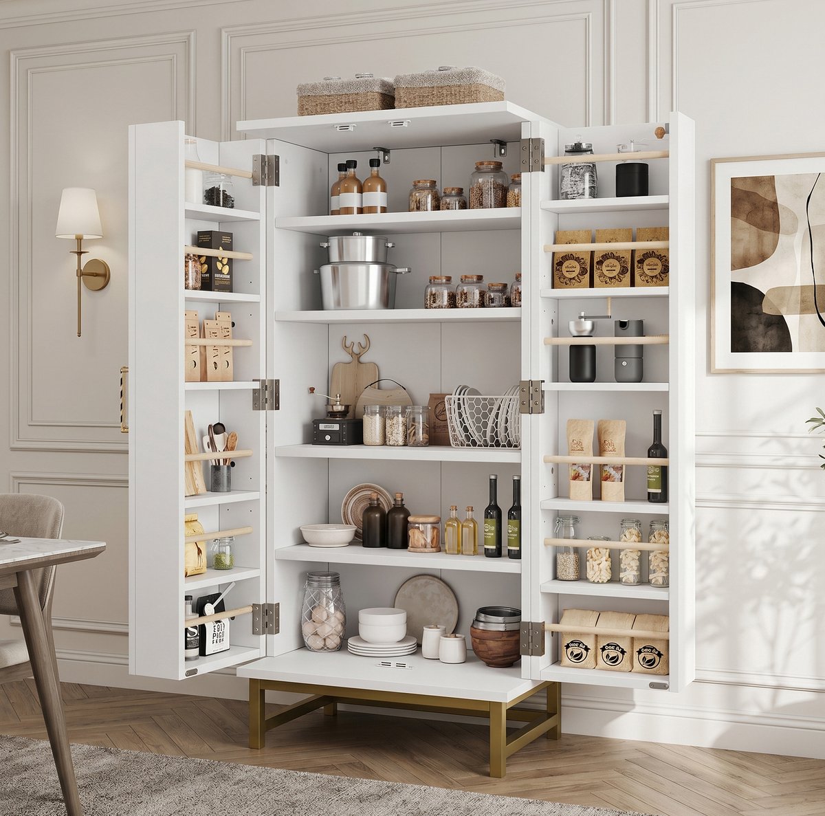 OKWISH Keukenkast – Voorraadkast Voor Kleine Ruimtes – 60x40x130 cm – 2 Deuren – Verstelbare Planken – Wit Met Gouden Details