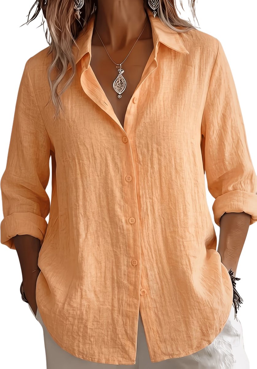 Currero Linnen Blouse Dames T-Shirt Polo Overhemd Shirt Zomer Ibiza Stijl Oranje