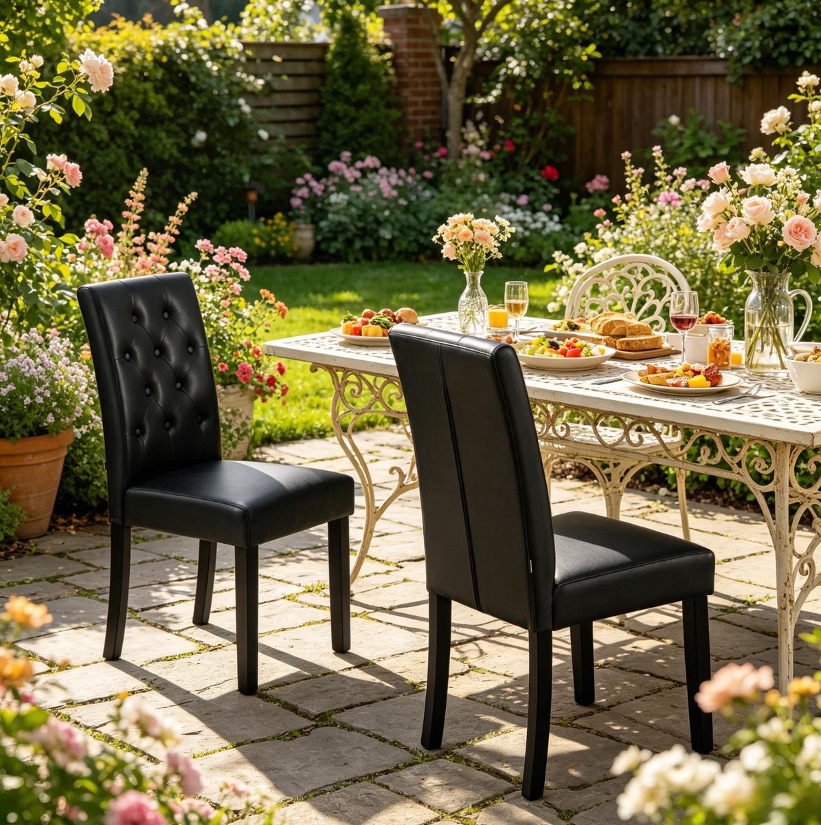 FloraGrace Eetkamerstoel - Set Van 2 - Hoge Rugleuning & Geknoopte Bekleding - Voor Eetkamer, Keuken Of Kantoor - Kunstleer - Zwart