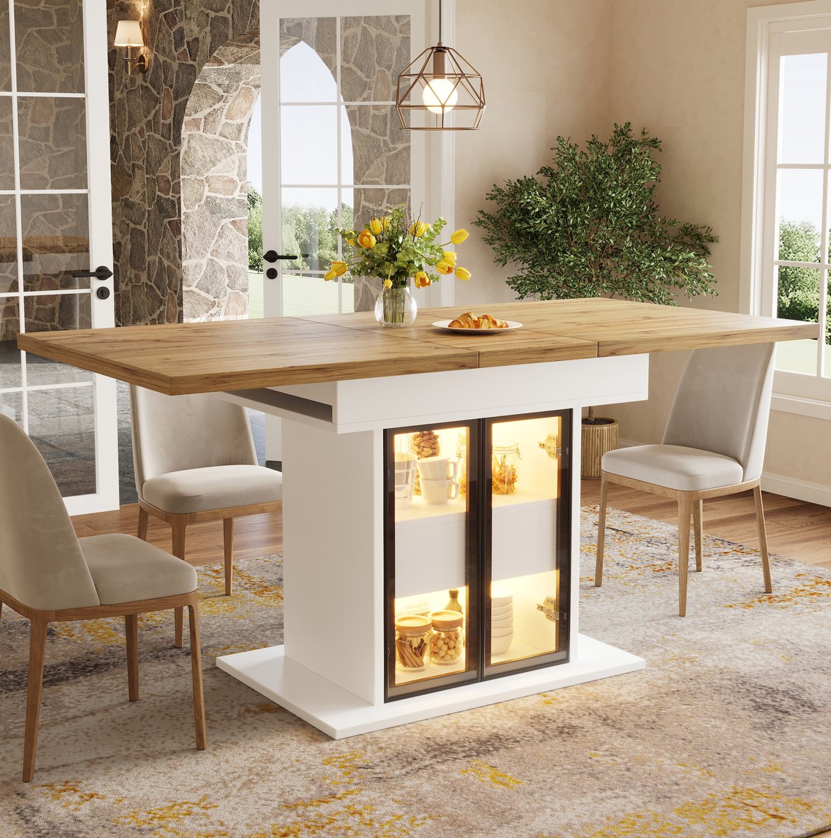 OKWISH Eettafel – Uitschuifbaar Met Opbergruimte En RGB Ledverlichting – Voor Keuken En Eetkamer – MDF Metaal Wit Houtlook – 140x80x77,9 cm