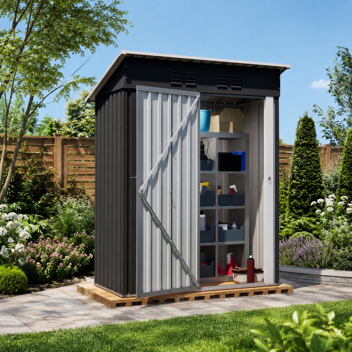 Tuinhuis - Metalen Gereedschapsschuur - 152x84x182 cm - Outdoor Tuinopslag - Afsluitbare Tuinopslag - Waterdicht - Weerbestendig - Voor Achtertuin, Terras en Grasveld - Zwart